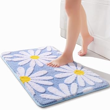 QJHOMO Blue Bathroom Rugs Cute Daisy Bath Mat White and Yellow Flower Decor Rug Non Slip Floor Carpet Microfiber Bathmat Super Absorbent Machine Washable Bathtub Mats for Shower 20x 32 inch