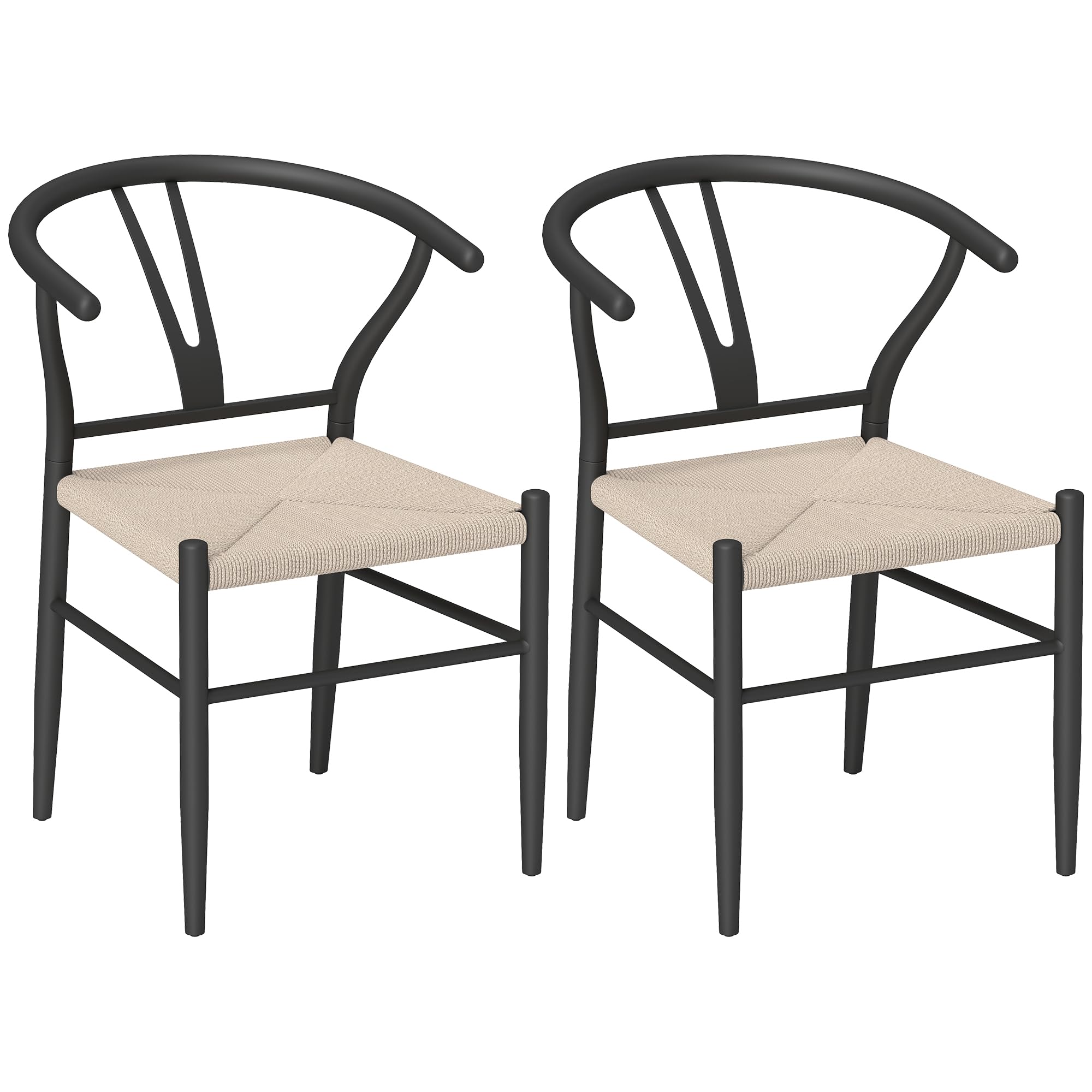HOMCOM Set of 2 Dining Chairs - Y-Shaped Back - Hemp Seat - Black