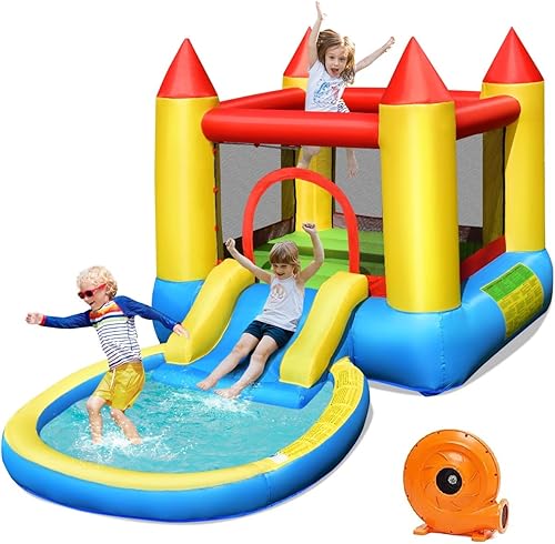 Miniatura 10 de Costzon Casa inflable con tobogán acuático, pequeña casa inflable para niños, diversión en el patio trasero, combo húmedo y seco con soplador GFCI