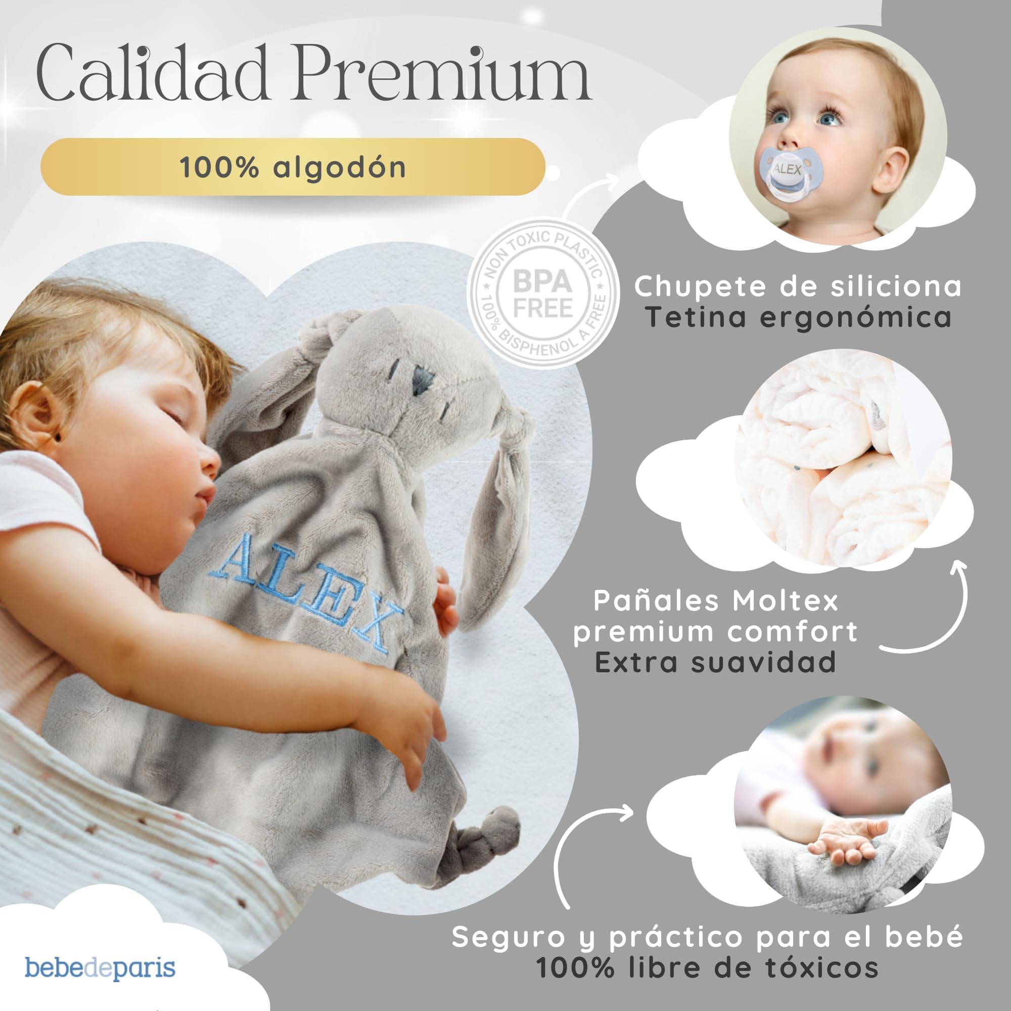 Tarta de Pañales para Recién Nacida + Manta Gris Bordada con nombre + 15 pañales Moltex Premium | ecológicos | Talla 2 (3 a 6 Meses) + Chupete Personalizado (Azul) | BebeDeParis