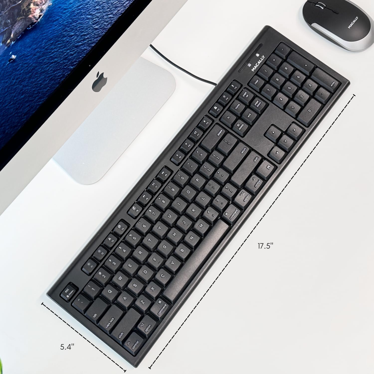 Macally Full Size Wired Mac Keyboard - Compatible with All Macs with USB Port - Wired Keyboard for Mac Mini / Pro, Macbook Pro/Air, iMac with Number Pad & 16 Apple Shortcut Keys Spill Proof - Black