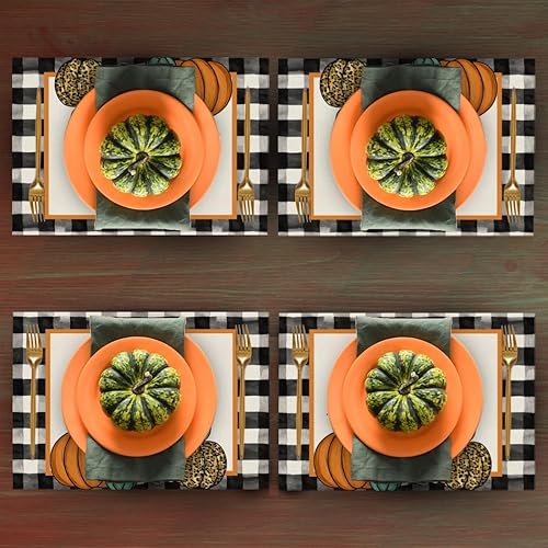 Miniatura 3 de Juego de 4 manteles individuales de otoño de calabaza a cuadros negros de 12 x 18 pulgadas, decoración de hojas de arce para otoño, Acción de