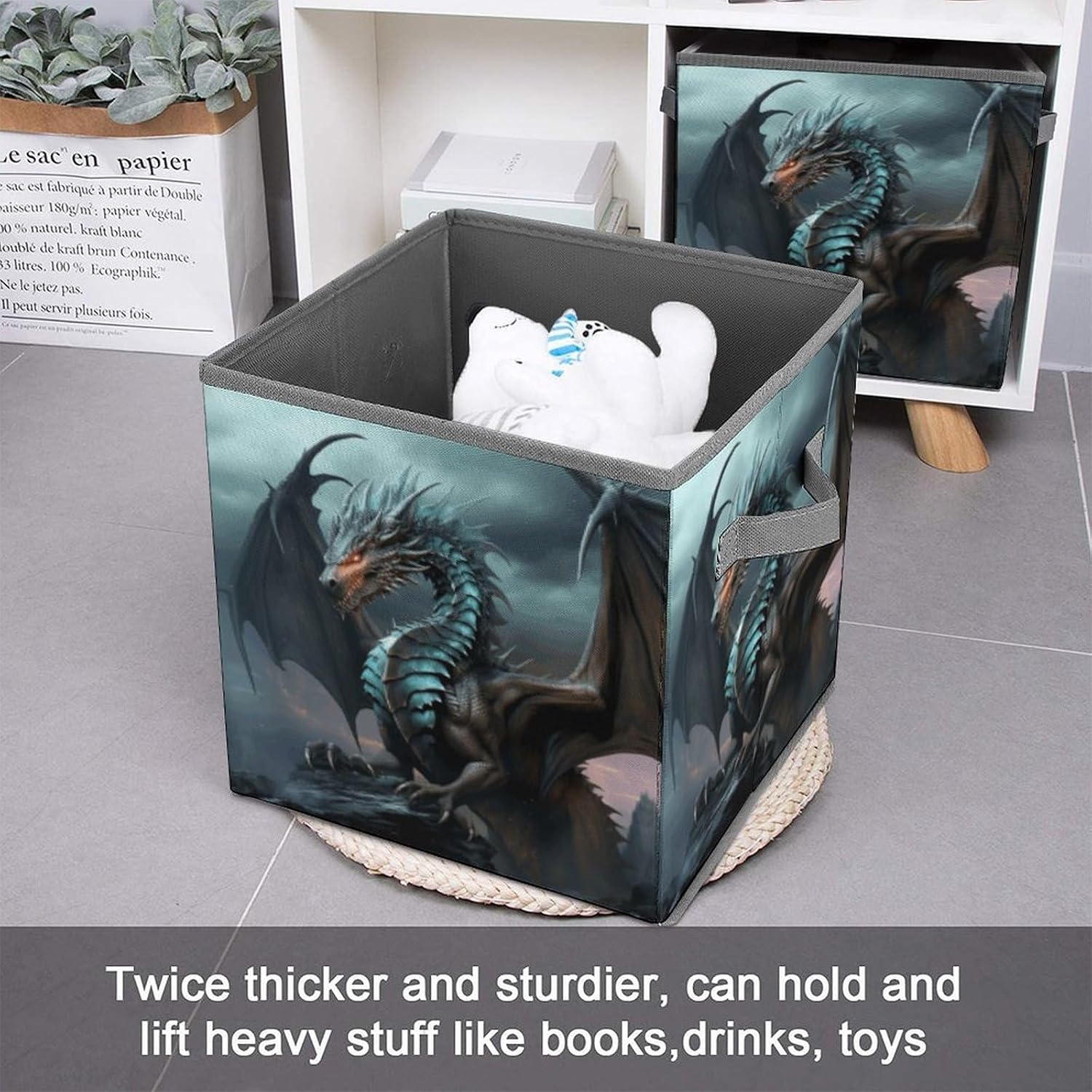 Cool Dragon Storage Box Simple Style Storage Cubes Folding Closet Organizers Fabric Boxs with Double Handles for Organization Pantry Closet Shelves Offices image 3