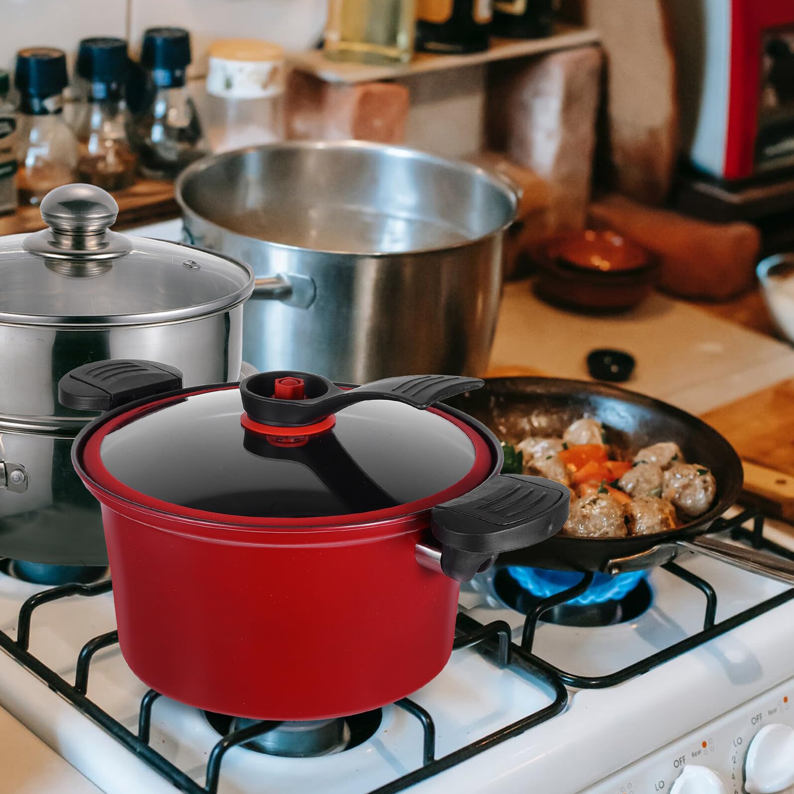 Olla de Presión Multifuncional Roja de Acero Inoxidable Tapa de Vidrio, Antiadherente y Fácil de Limpiar para Cocina de Inducción y Gas
