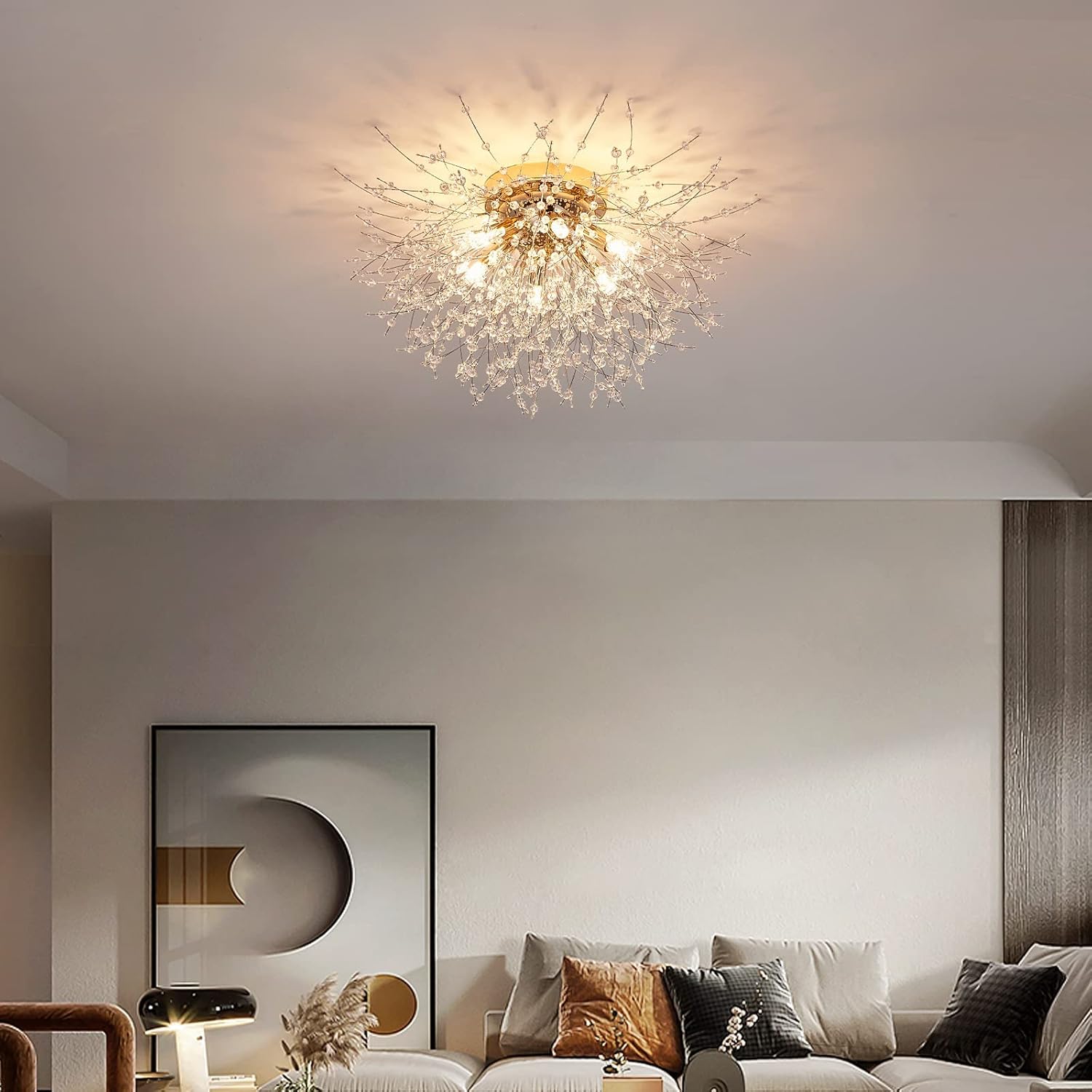 6-Light Sputnik Flush Mount Ceiling Light Fixture, Modern Gold Crystal Firework Ceiling Lights, Close to Ceiling Lamp for Bedroom Kitchen Hallway Entryway Bathroom