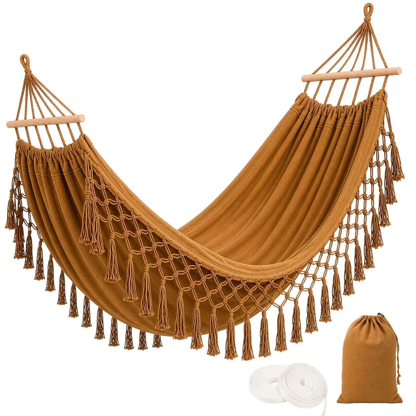 Hammock with Golden Fringe Tassels, Double Indoor Outdoor Hammock with Wooden Spreader Bars Anti-Rollover Design, Hanging Swing Chair Bed with Ropes for Patio, Backyard, Camping & Indoor Use