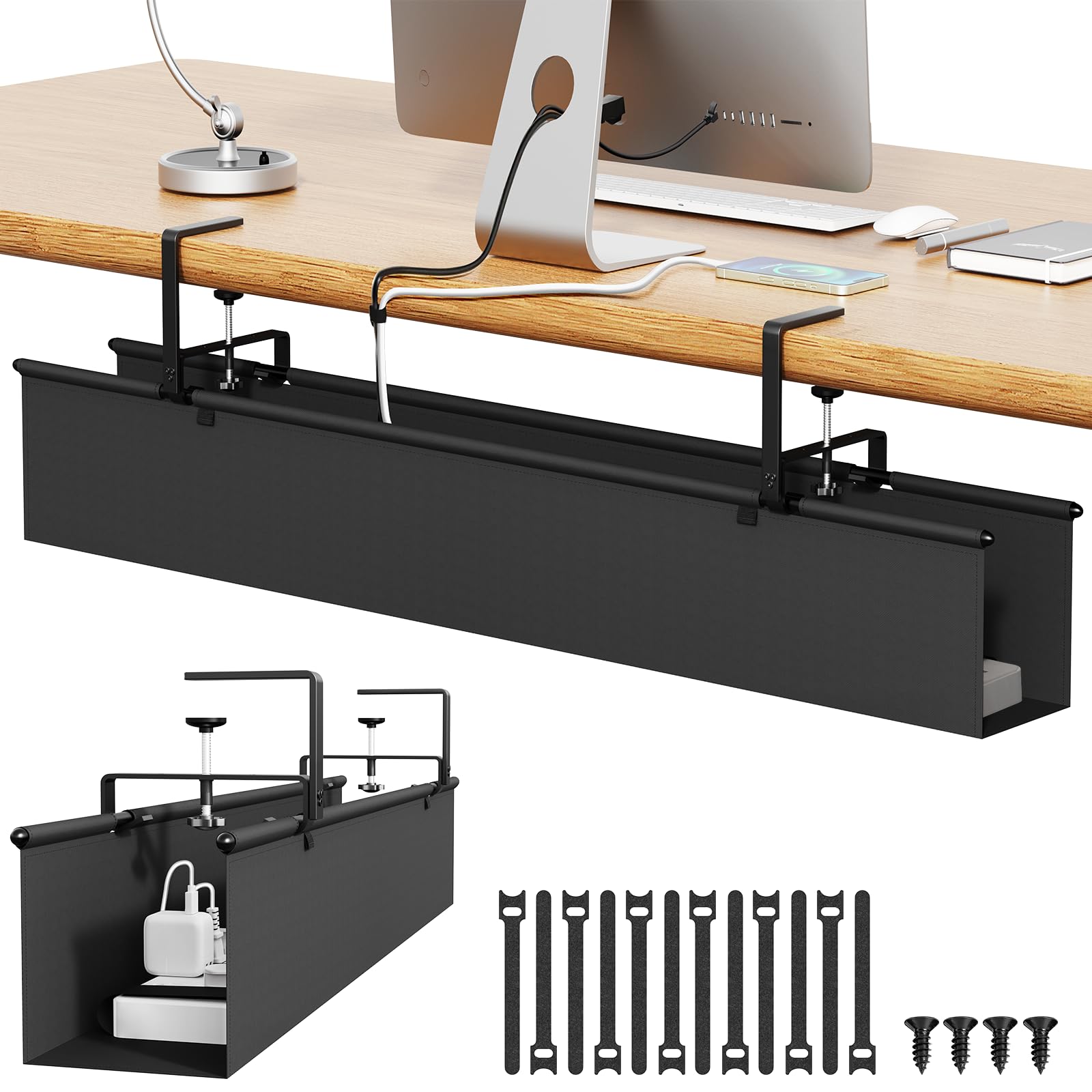 Dayacoco Under Desk Cable Management Tray, 36"/90CM No Drill Desk Cable Tidy Tray, Clamp/Screw Mount Cord Desk Storage for Wire Management, Sturdy Waterproof Fabric Cable Basket for Office and Home