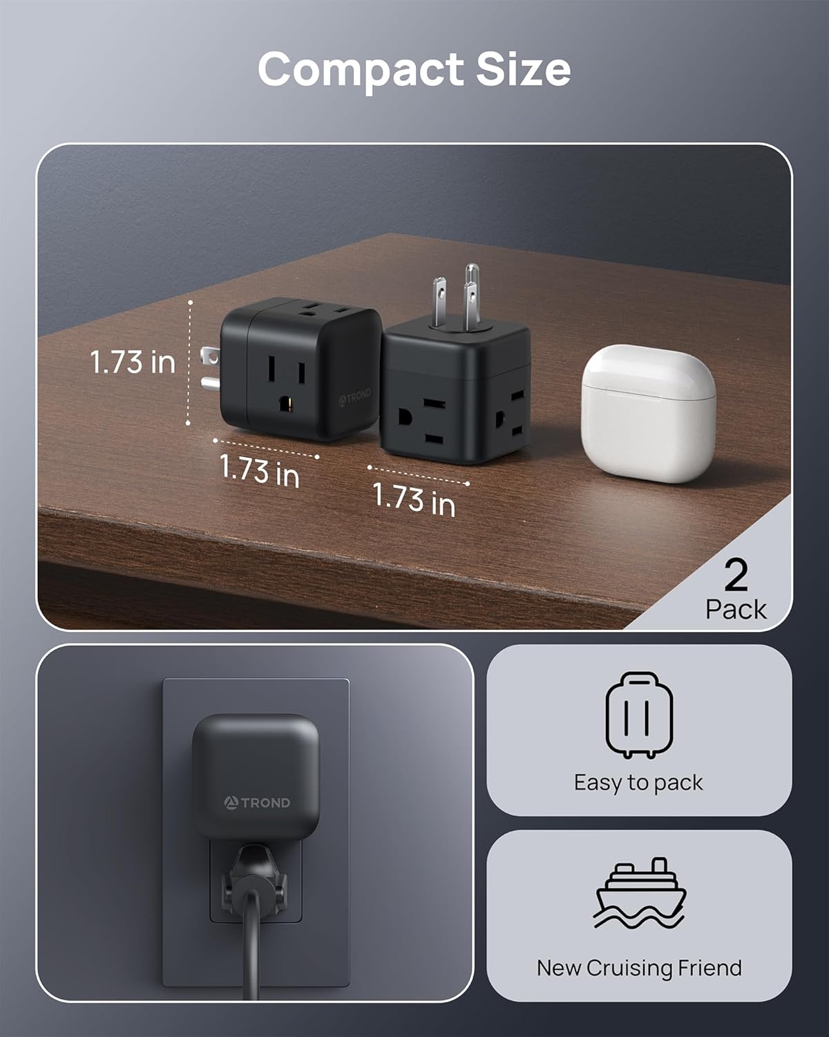 TROND Multi Plug Outlet Extender 2 Pack, 3 Way Outlet Splitter with 360 Rotating Plug, Turn One into Multiple Sideways Adapter, A Black Charging Station for Home Office with Dark Wall Decor