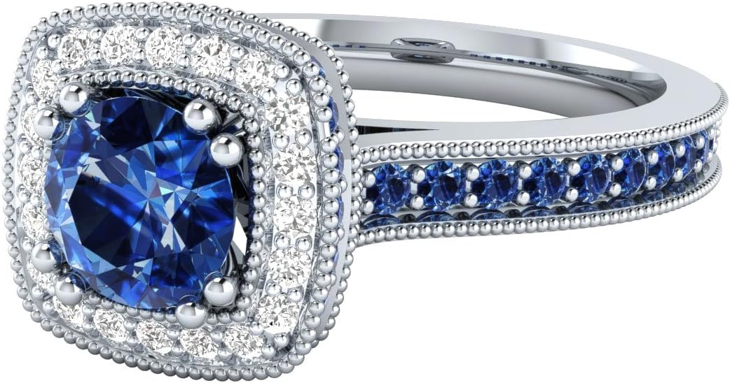 Solid 14k White Gold Wedding Engagement Ring W/ 0.10 ct Diamond and Simulated Blue Sapphire