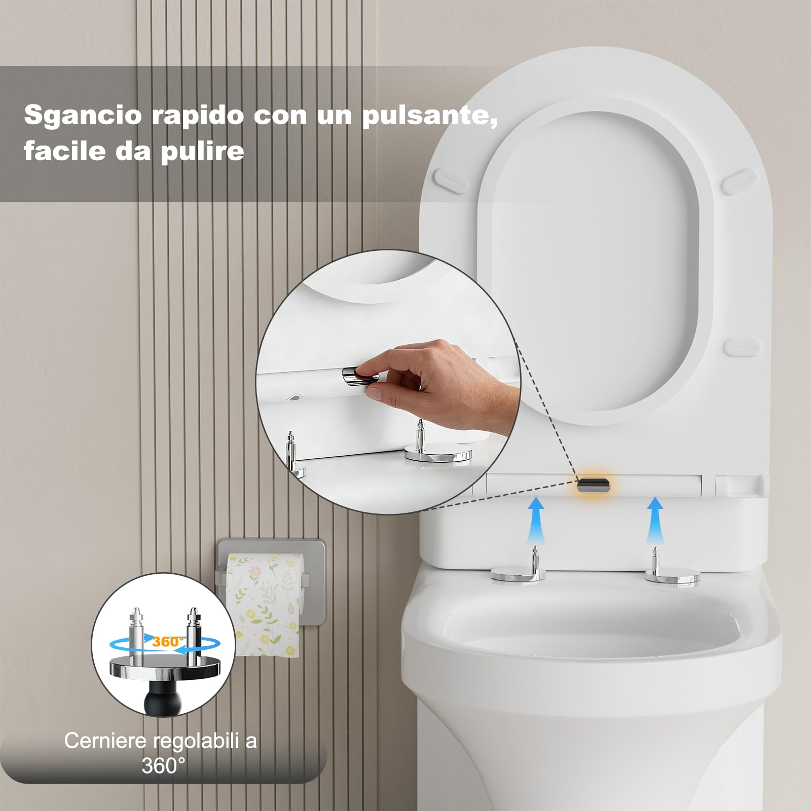 SURFOU Tavoletta WC con Chiusura Ammortizzata, Duroplast di Alta Qualità, Forma a D, Sgancio Rapido per Facile Pulizia, Supporta fino a 200 kg, con Gancetti in Gomma per Fissaggio Stabile