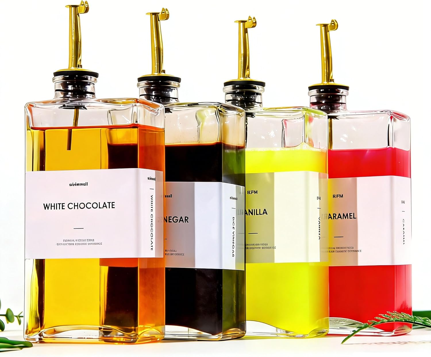 WISIMMALL Olive Oil Dispenser For Kitchen, Glass Oil Bottle 500ML Oil And Vinegar Dispenser Set Of 4 with 4 Stainless Steel Pourers & 44 Labels, Soy Sauce Dispenser, Coffee Syrup Bottles