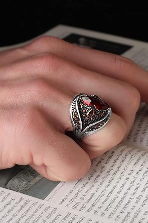 Handmade Silver Men's Ring with Garnet GemStone, Handmade Turkish Silver Ring, Gift for him, Sterling silver Garnet Stone ring