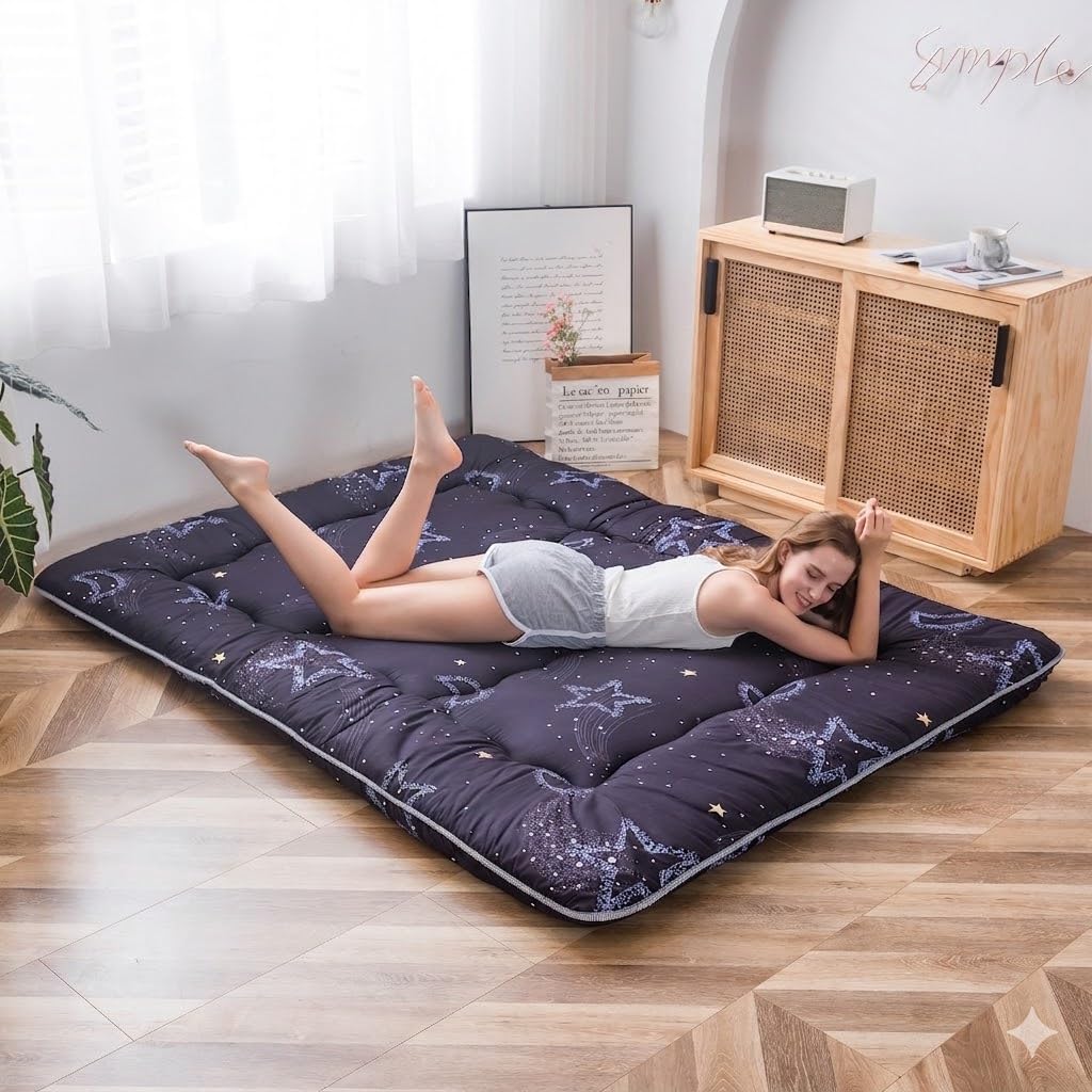 MAXYOYO Matelas Futon Japonais à Motifs, Matelas d'appoint matelassé, Lit d'invité, Matelas de Couchage Pliant Tatami Mat Respirant Lit d'invité pour Camping Couch, Rêver Lune, 90 x 190 cm