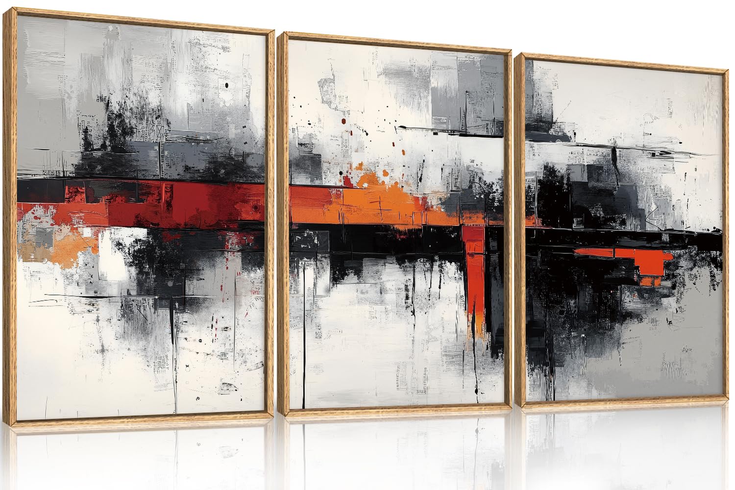 HOURIA Modern Abstract Framed Canvas Wall Art Set,Neutral Black and Orange Wall Decor,Textured Gray White Wall Painting,Pastel Strokes Art Prints for