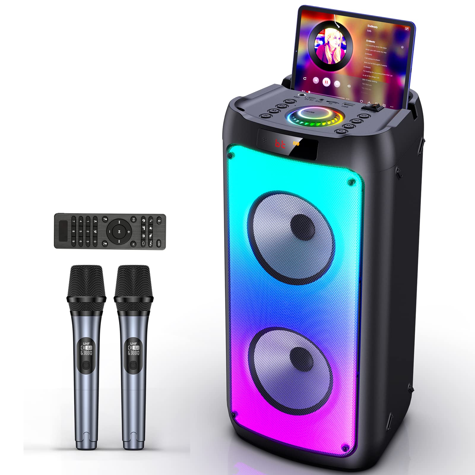JYX Macchina per Karaoke con 2 Microfoni Wireless, Subwoofer da Palco Altoparlante Bluetooth Portatile Karaoke Professionale Completo per Adulti e bambini, Sistema PA per grandi Feste