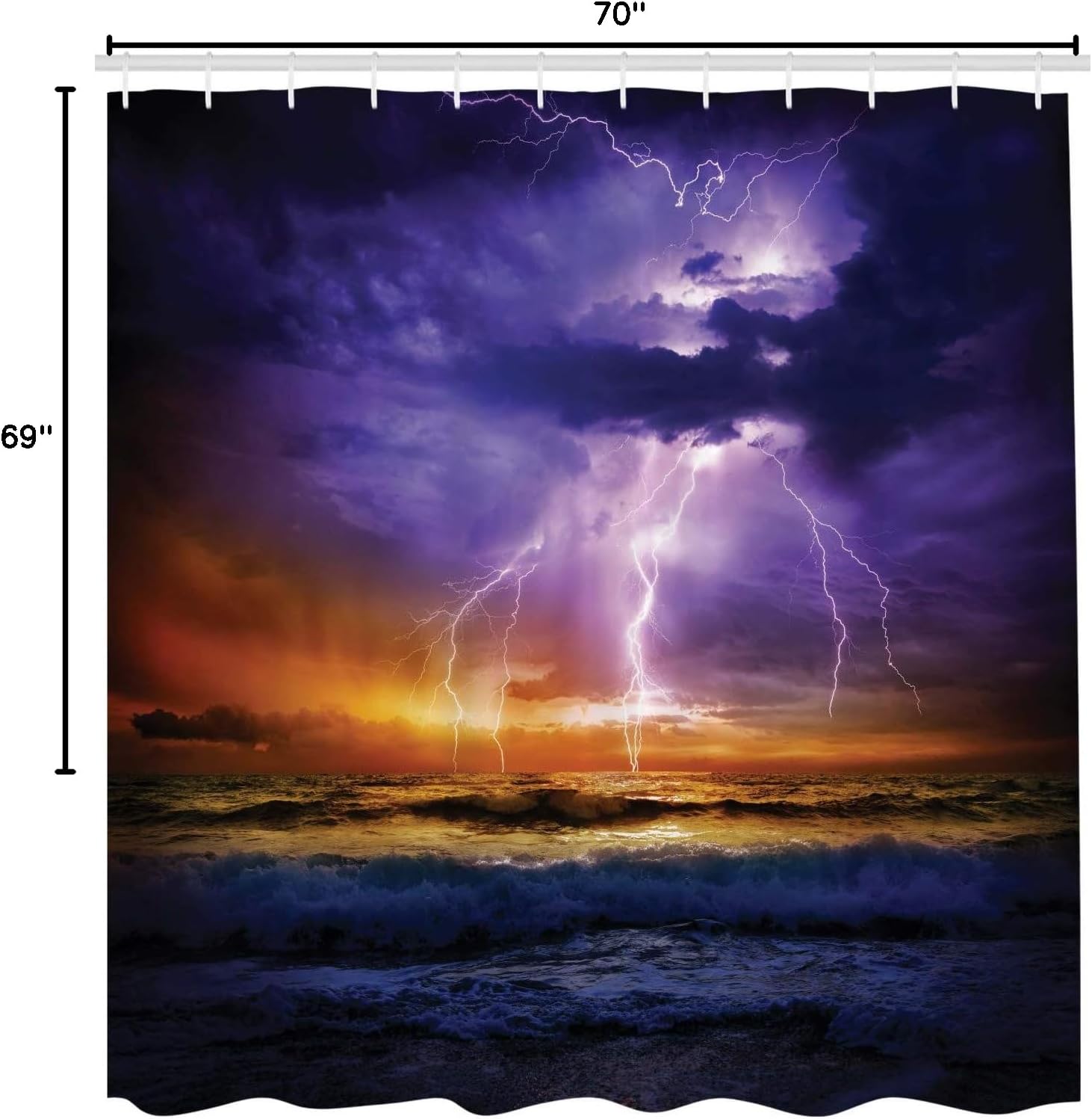 Ambesonne Nature Shower Curtain, Epic Thunder and The Storm on The Sea Wave Horizon Bad Weather Atmosphere, Cloth Fabric Bathroom Decor Set with Hooks, 69" W x 70" L, Purple and Orange