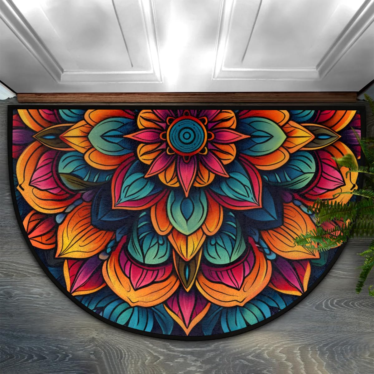 cfpolar Half Round Door Mat Ethnic Mandala Boho Flower Non-Slip Semi Circle Area Rug Washable Semi Circle Floor Rug for Indoor Outdoor Living Room