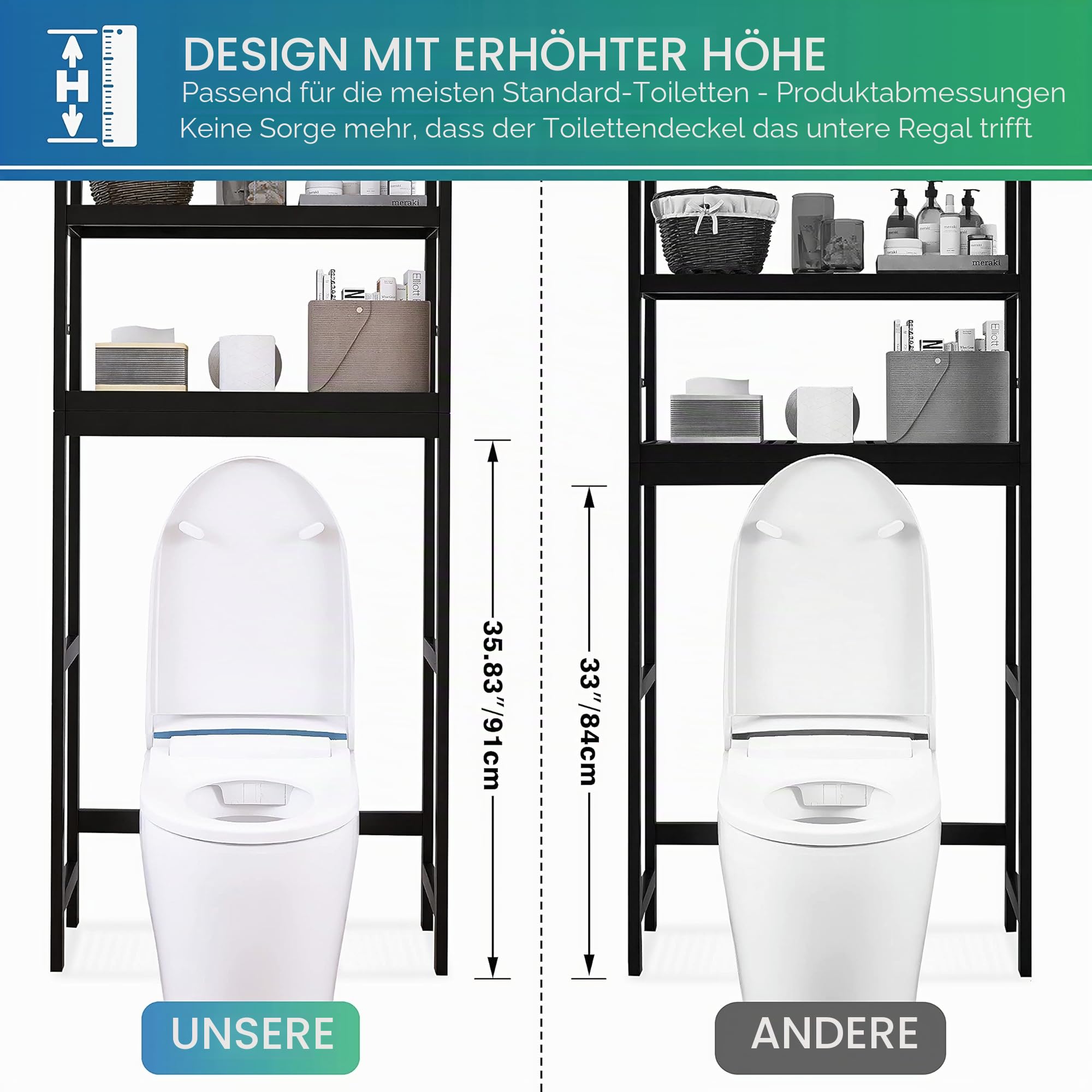 SMIBUY Badezimmer-Aufbewahrungsregal, Bambus-Über-der-Toilette-Organizer-Rack, freistehender WC-Platzsparer mit 3-stufigen verstellbaren Regalen (Schwarz)