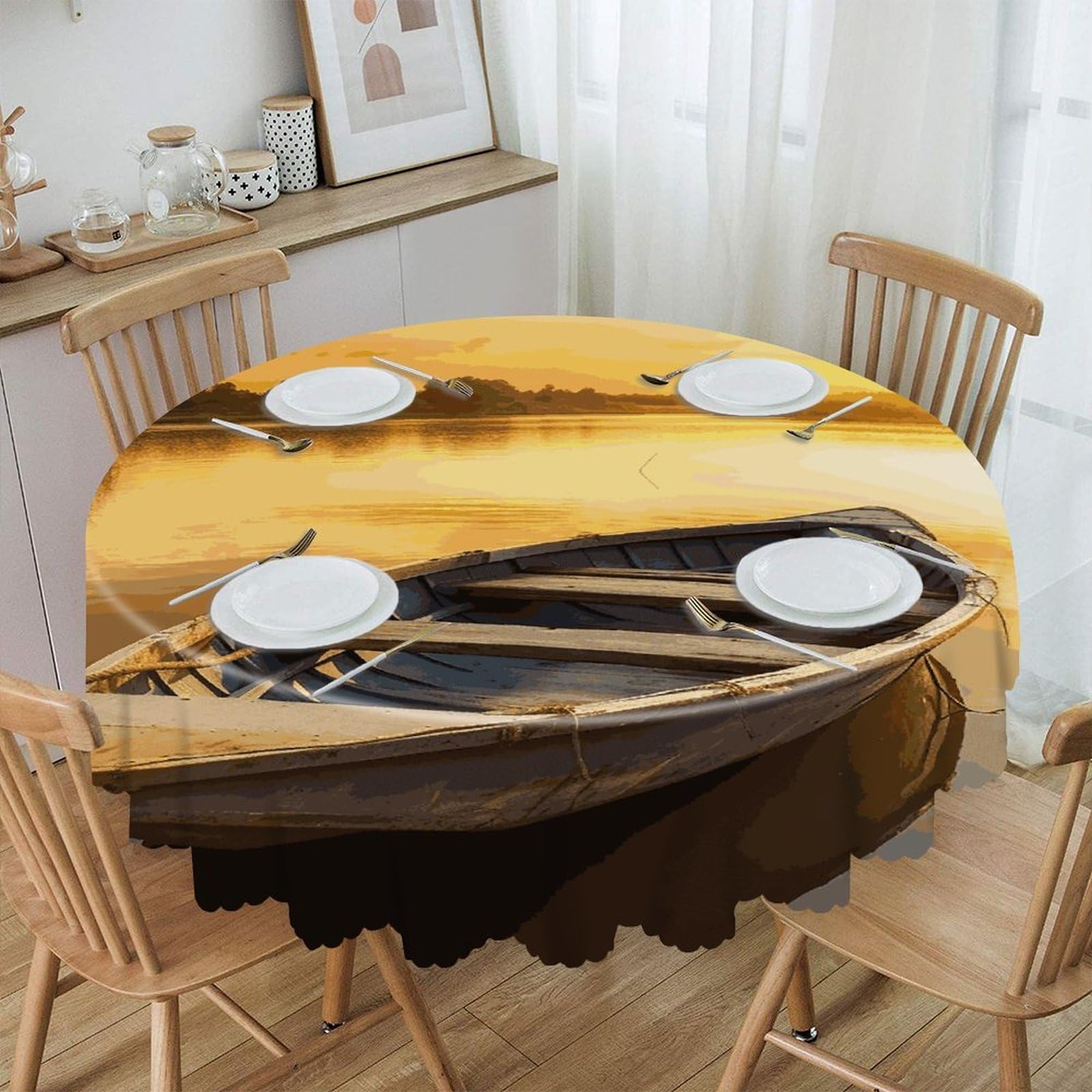 FekiLoot River Sunset Wooden Boat Round Tablecloths 60 Inch Resistant Washable Polyester Table Cloth Style Decorative Circle Fabric Table Cover for Dining Kitchen Party Farmhouse Outdoor