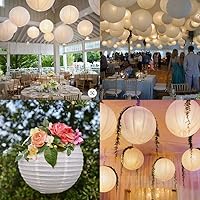 Vista 4 de HAUSPROFI 12 linternas de papel blanco con luces LED, linternas colgantes chinas (6, 8, 10, 12 pulgadas) con línea de pesca, linternas de papel