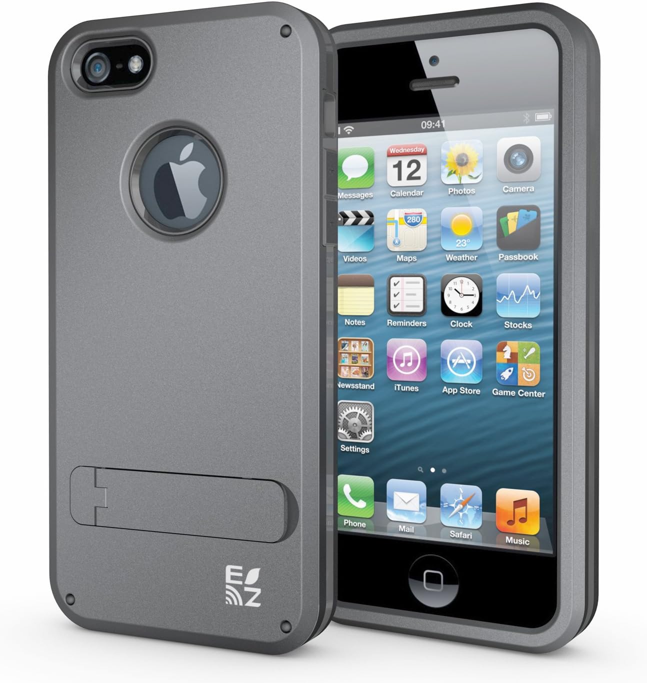 ECOZ [SHIELDX] Protective Tough 3 Layers Armor Rugged Case Cover with Build-In Stand for Apple iPhone 5 / 5S (Grey)