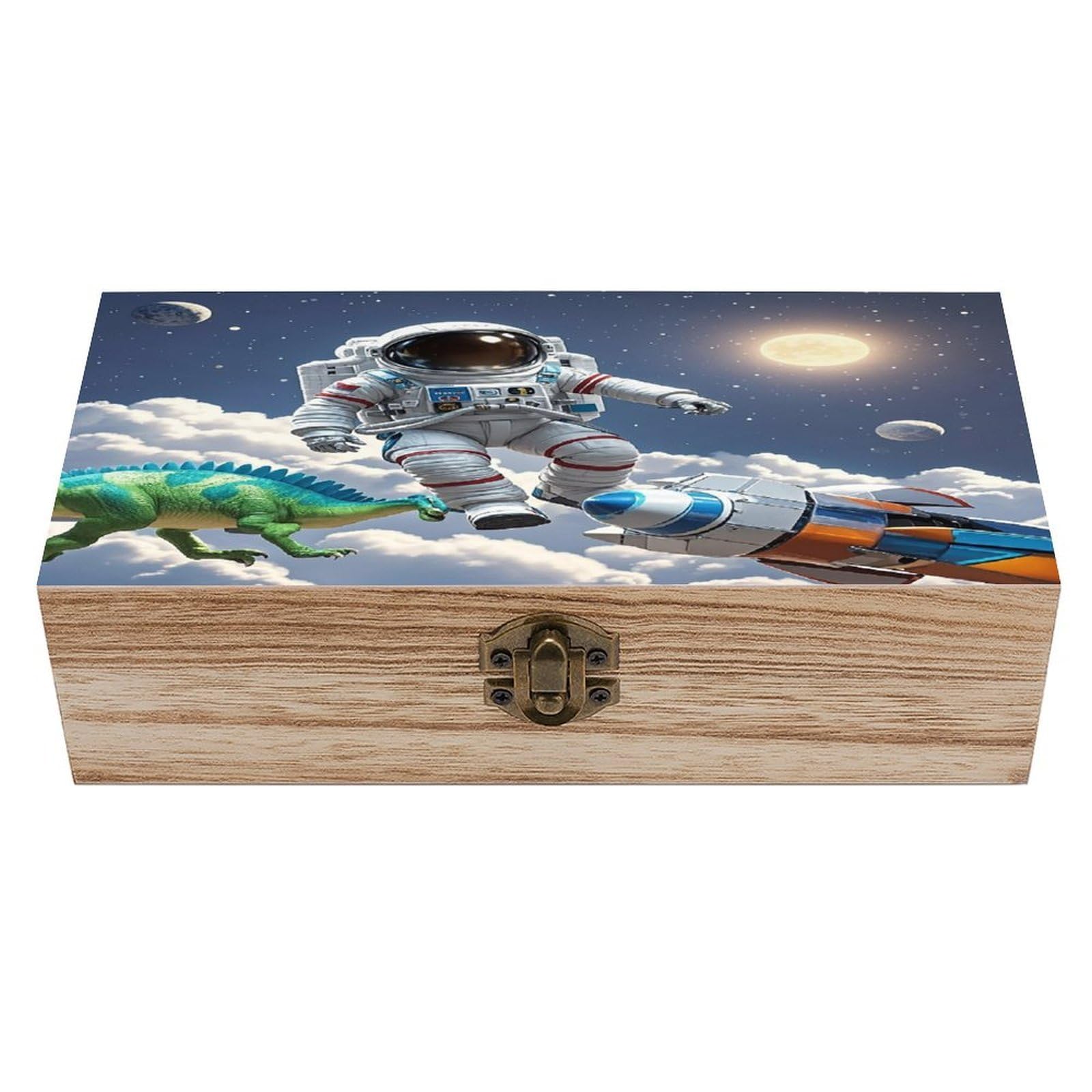 VstaDank Funny Astronaut Dinosaur Rocket Wooden Storage Box Wooden Keepsake Box with A Hinged Lid Fashion Memory Treasure Boxes Decorative Jewelry Case for Crafts Photo Home Decor Wood Gift Box
