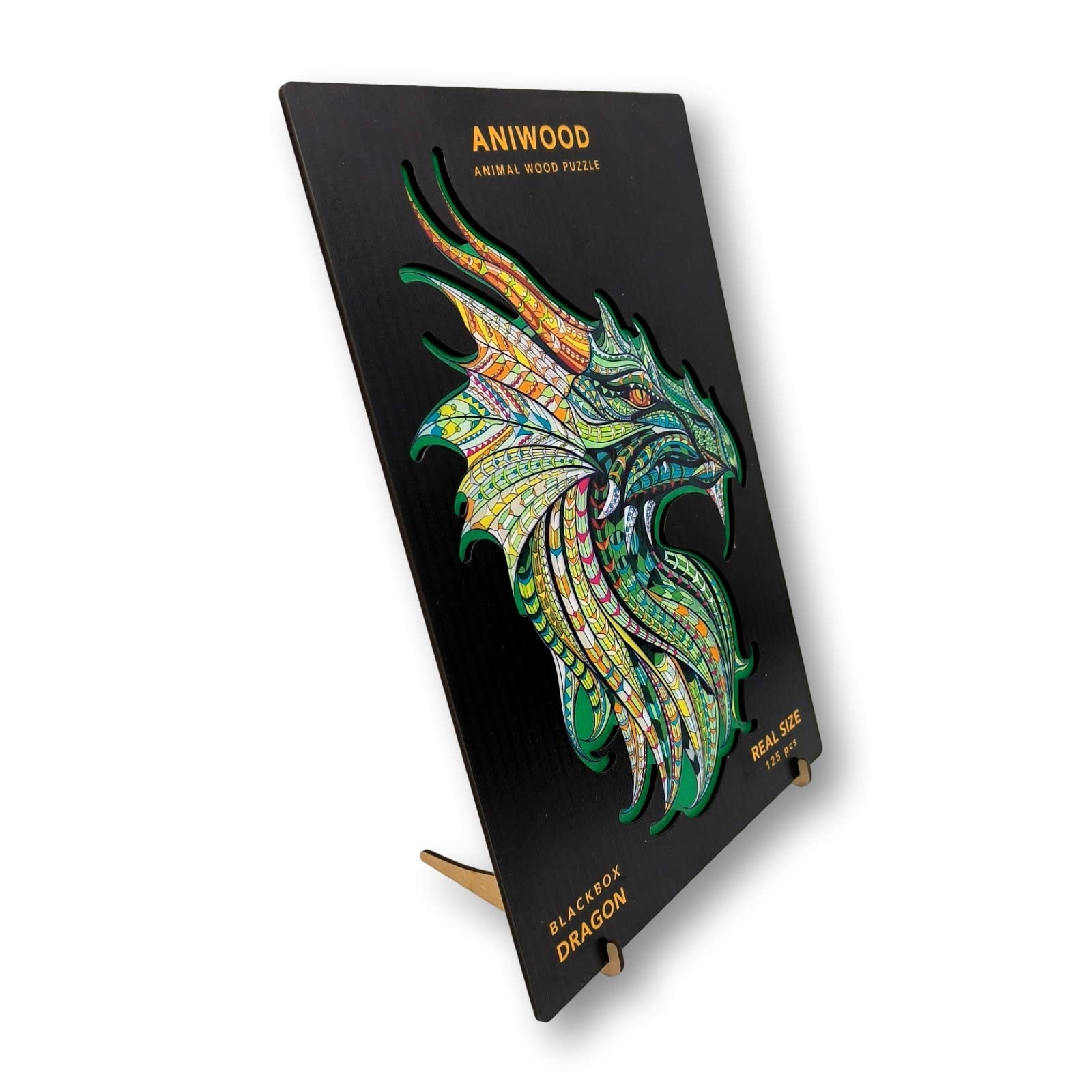 Aniwood drewniane puzzle w kształcie zwierząt Wieczko z wytłoczeniem w rozmiarze puzzli Zawiera unikalne elementy z kształtami zwierząt (rozmiar M, smok)