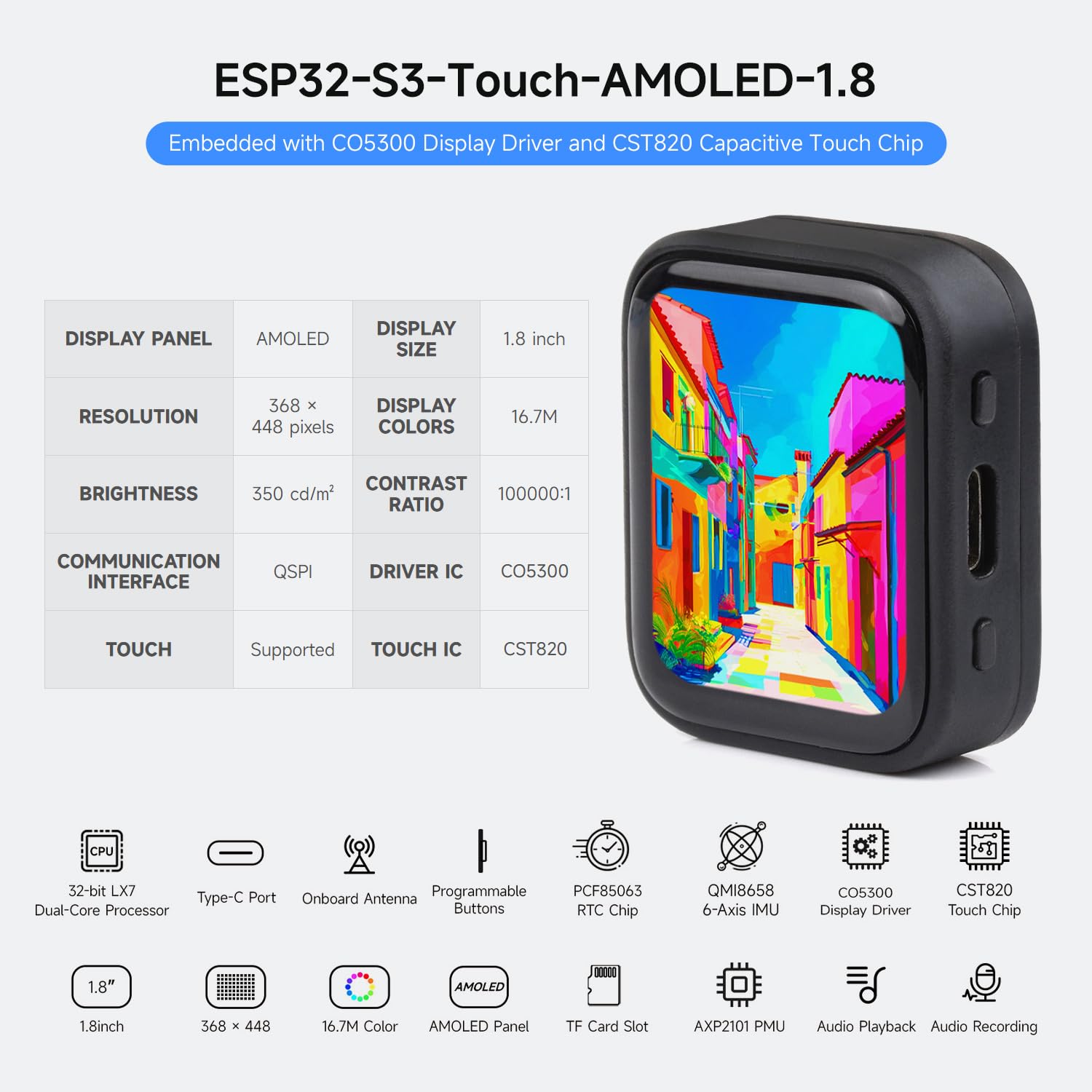 Waveshare ESP32-S3 1.8inch AMOLED Touch Display Development Board, 32-Bit LX7 Dual-Core Processor, 368x448, Accelerometer&Gyroscope Sensor, ESP32 with Display, Support 3.7V Li Batt(Included)