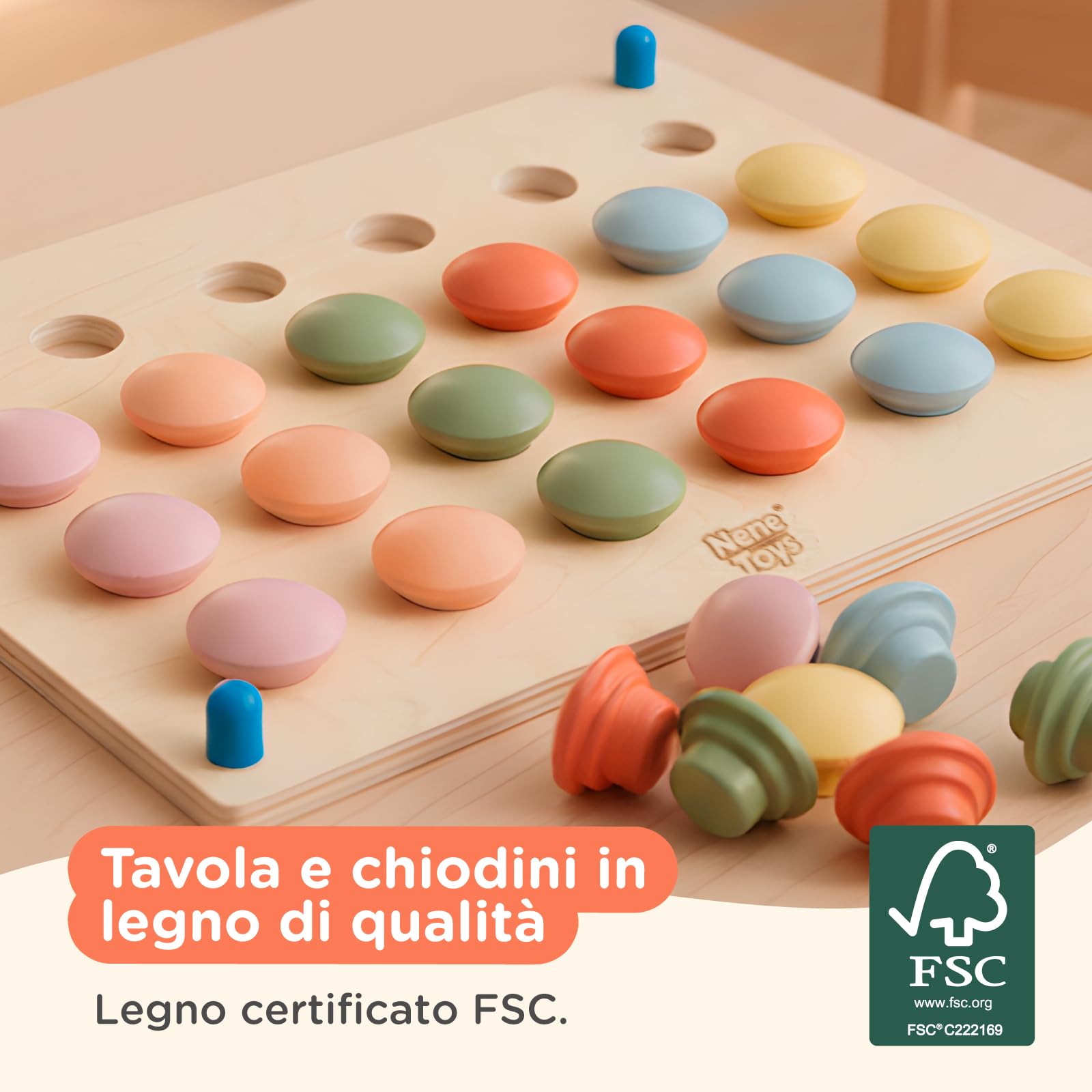 Nene Toys Gioco Chiodini in Legno Montessori 2+ - Puzzle Mosaico Bottoni Colori Pastello con 24 Chiodini & 12 Carte Modello - Gioco Educativo per Imparare i Colori, Motricità Fine - Bambini 2 3 Anni