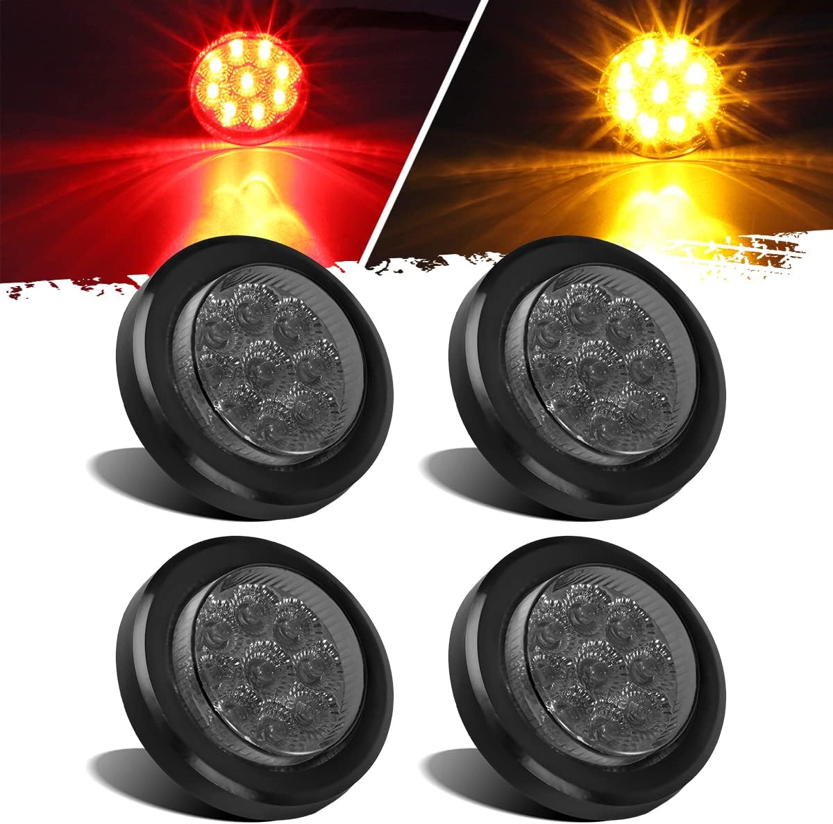 Partsam 4Pcs 2 Inch Truck Trailer Smoked Lens Round 9LED Side Marker Clearance Lights with Grommets/Pigtails, Flush Mount, Waterproof,12V, (2Amber+2Red)