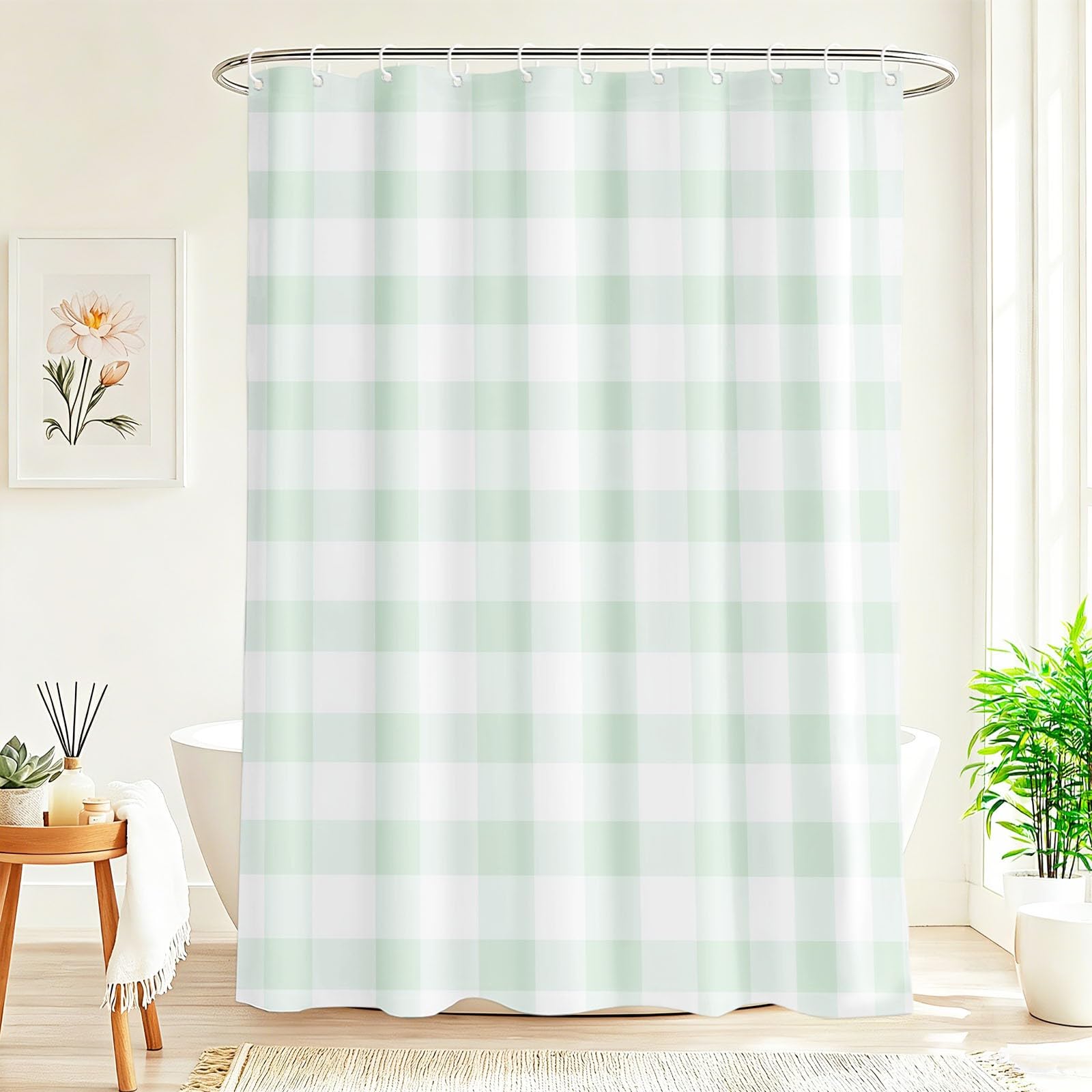 Rideau de Douche Moderne Minimaliste en Polyester imperméable et Lavable avec Crochets, 240 x 200 cm, Rideau de Salle de Bain Carreaux Campagne Carrés Vert Blanc Frais pour Salle de Bain