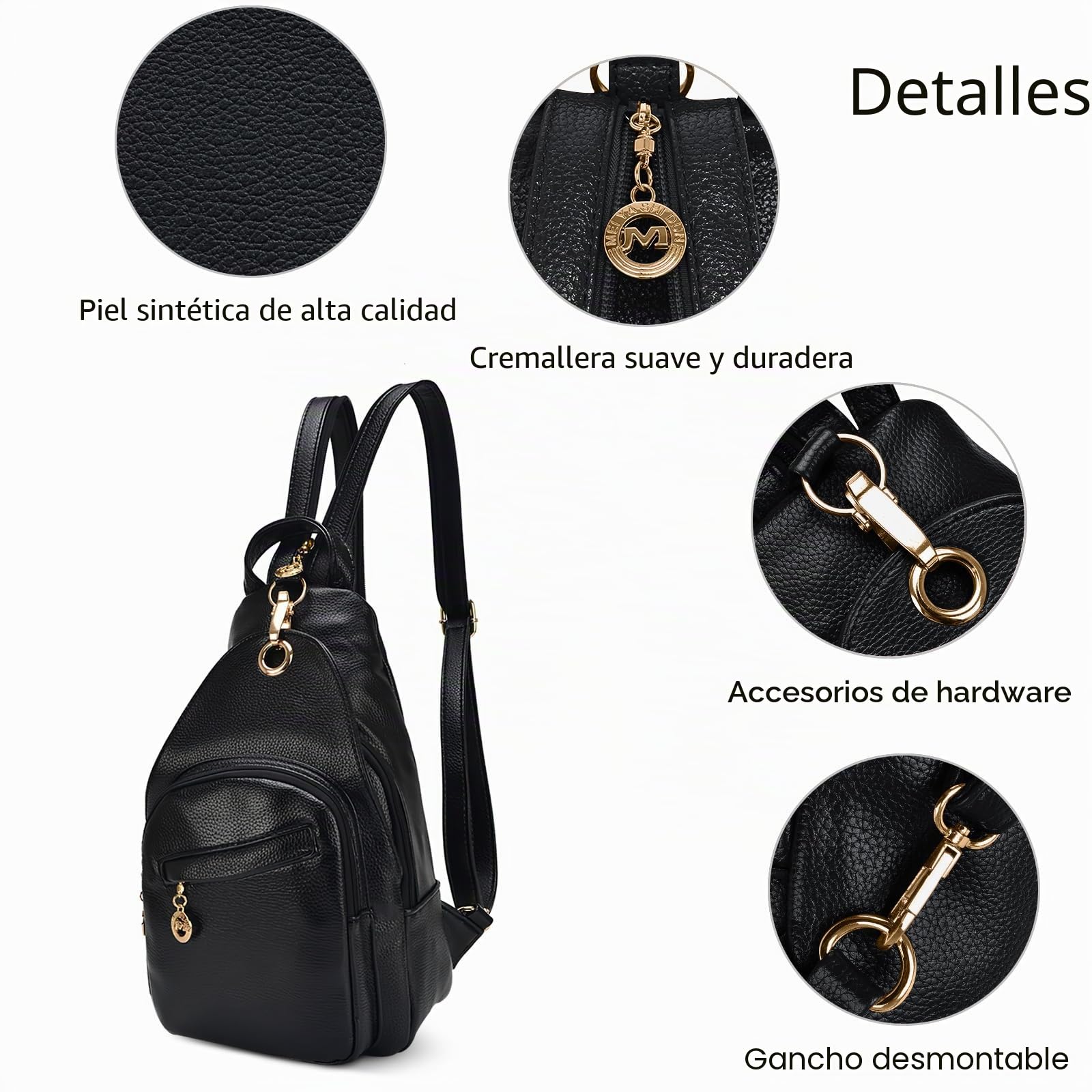 DIRRONA Mochila Mujer Moda Bolsa de Pecho de Mujer Casual Alta Capacidad Bolsas de Hombro Suave de PU Pequeña Impermeable Señora Anti Robo Múltiples Bolsillos Bolsa de Pecho Negro