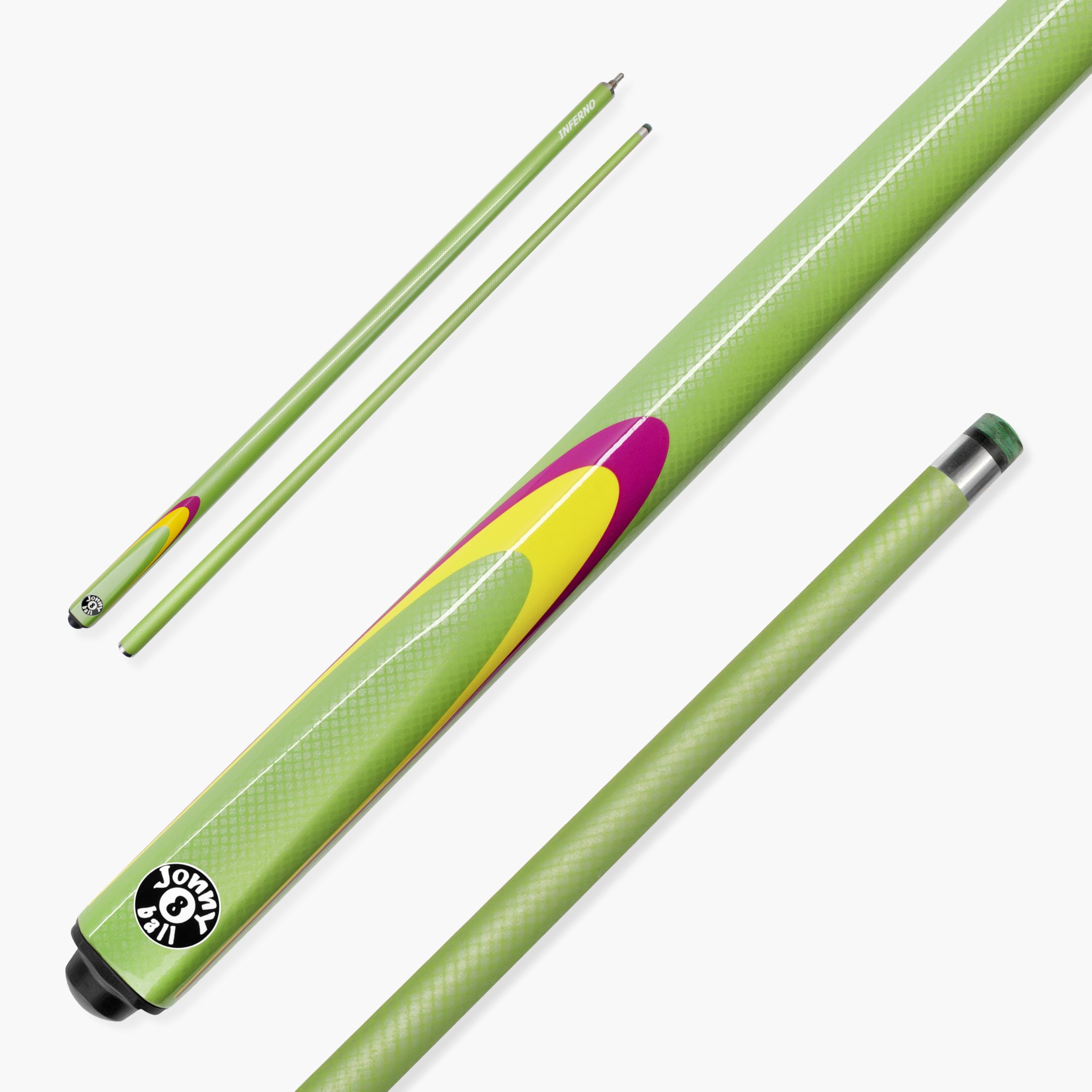 Jonny 8 Ball Inferno 57 Inch 2 Piece Centre Joint Graphite Fibreglass Low Deflection Snooker and Pool Cue with 9.5mm Layered Green Tip (Neon Green)