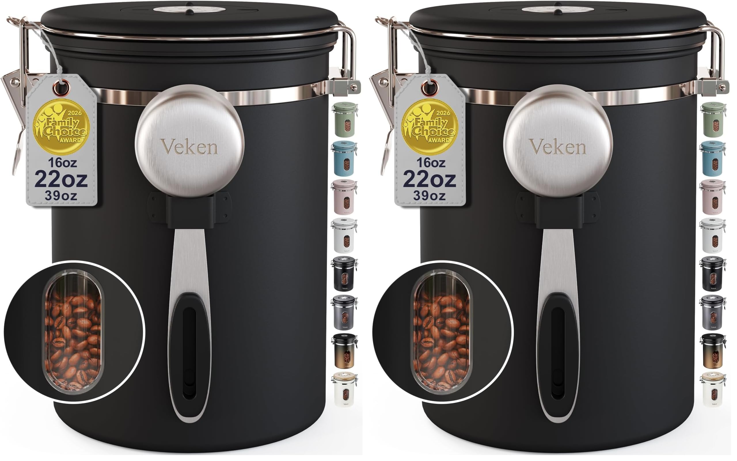 Veken Coffee Canister with Window, Airtight Stainless Steel Container, 22OZ (Pack of 2)