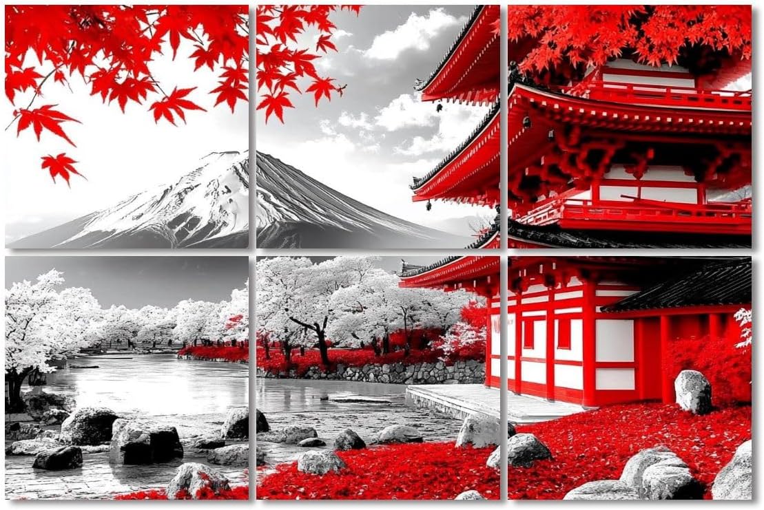 6 Pack Paneles Acústicos Artísticos Absorbentes de Sonido Negro, Blanco y Rojo con Paisaje Japonés para Decoración de Paredes miniatura 1