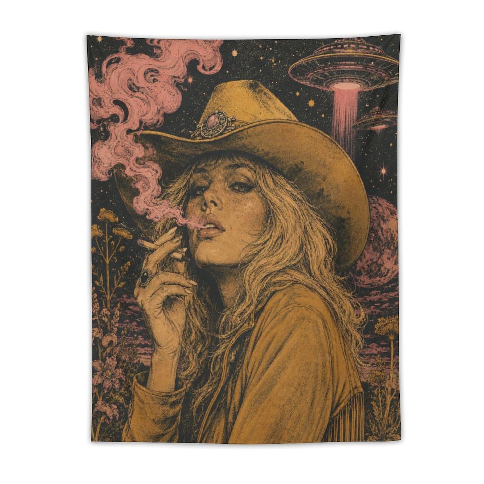 W7C8U2X3 Cowgirl Smoking under UFO Wall Tapestry, Ceiling Hanging