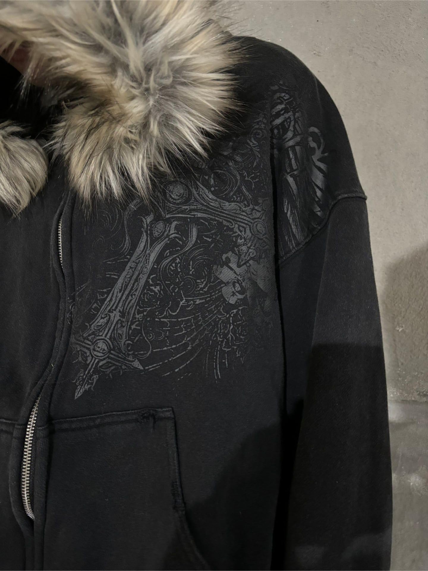 RICHTRUE Therian Pelz-Kapuzenjacke Y2k Goth Reißverschluss Hoodie Oversized Graphic Sweatshirt Emo Grunge Streetwear Herbst Winter 2025