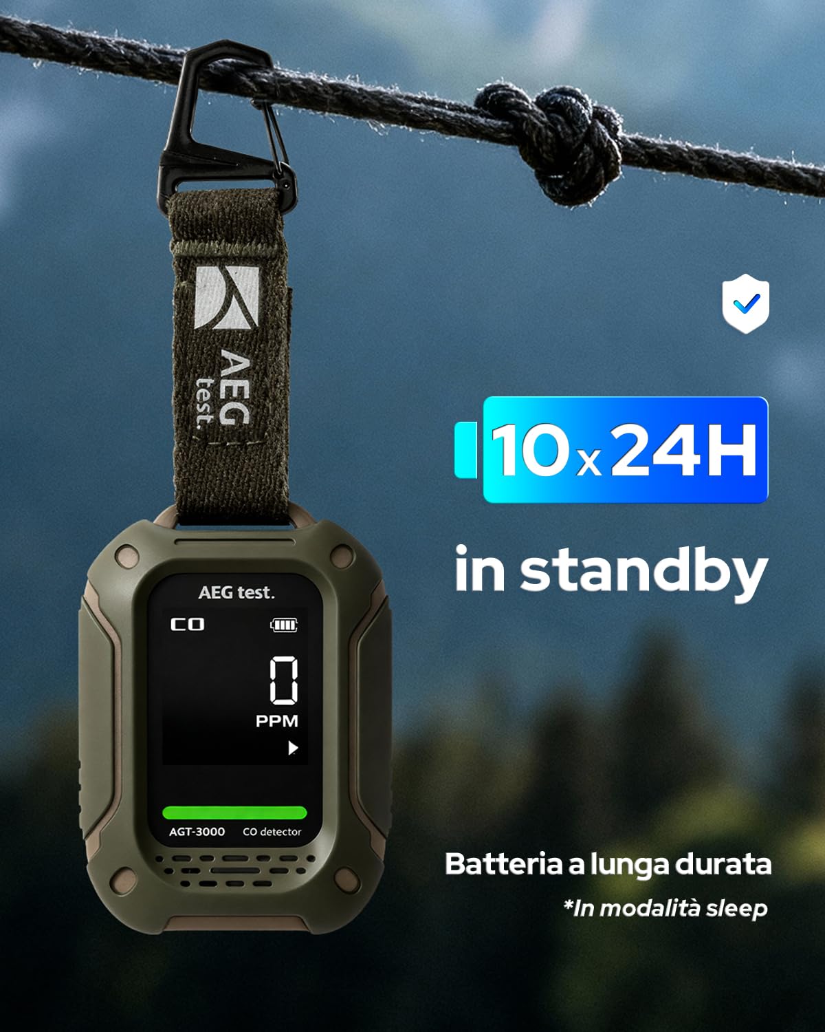 AGT-3000 Rilevatore portatile di monossido di carbonio, standby 240 h, sensore CO aggiornato per viaggi, rilevatore CO ricaricabile con allarmi sonori e visivi per campeggio, 0–1000 ppm