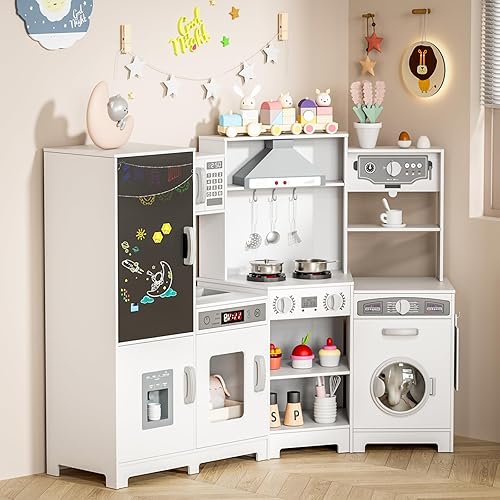 Miniatura 8 de MAMIZO Cocina de esquina de madera, gran juego interactivo de cocina para niños pequeños con pizarra, estufa y campana extractora con luz y sonido,