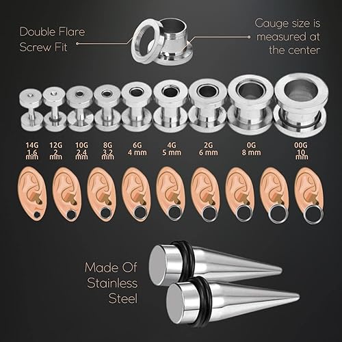 Miniatura 38 de BodyJ4You kit de 37 piezas de diferente calibre para dilatar perforaciones de oreja, aceite de jojoba, 14G-00G, acero quirúrgico Negro