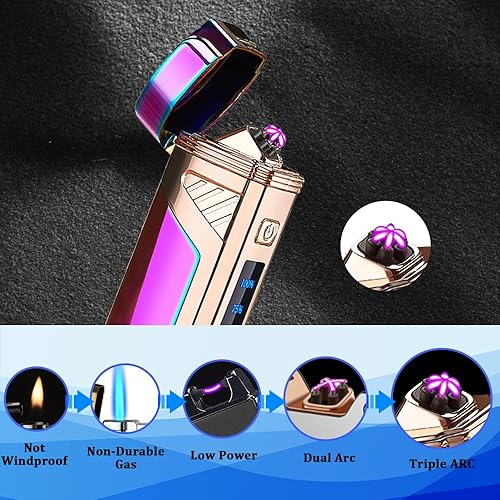 Miniatura 2 de Encendedor eléctrico de triple arco a prueba de viento, encendedor de plasma sin llama, encendedor USB recargable, abridor 2 en 1 con indicador