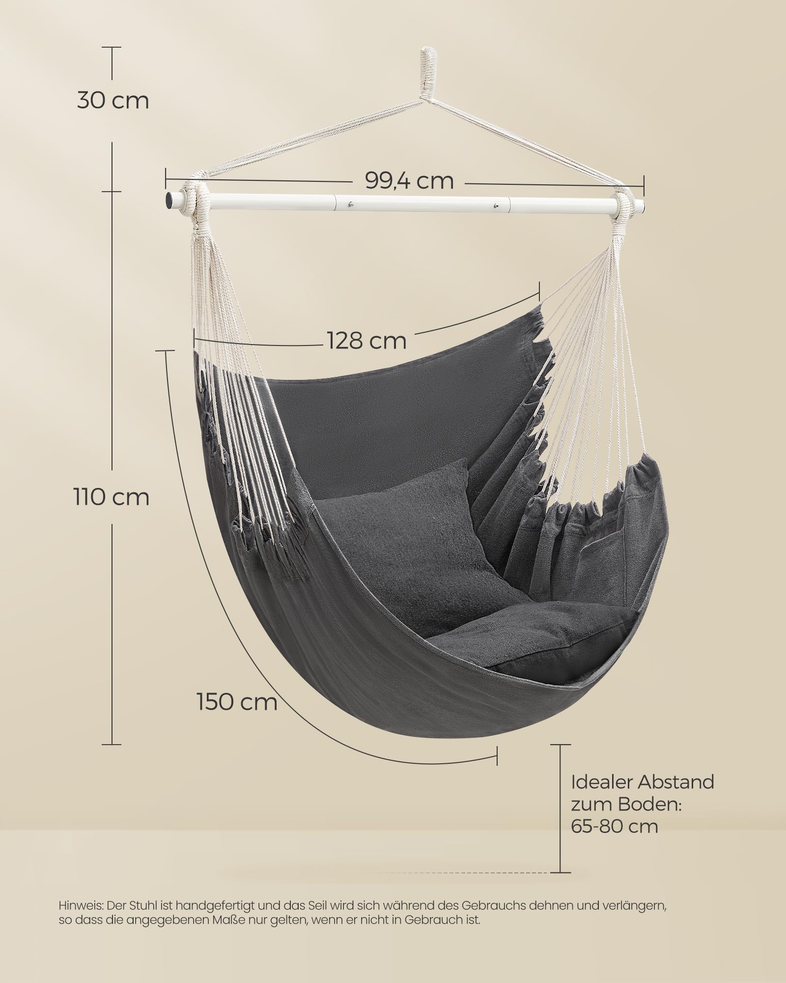 SONGMICS Hängesessel, Hängeschaukel, Hängestuhl mit 2 Kissen, Metallkette, bis 150 kg belastbar, Indoor und Outdoor, Wohnzimmer, Schlafzimmer, schiefergrau GDC197G02