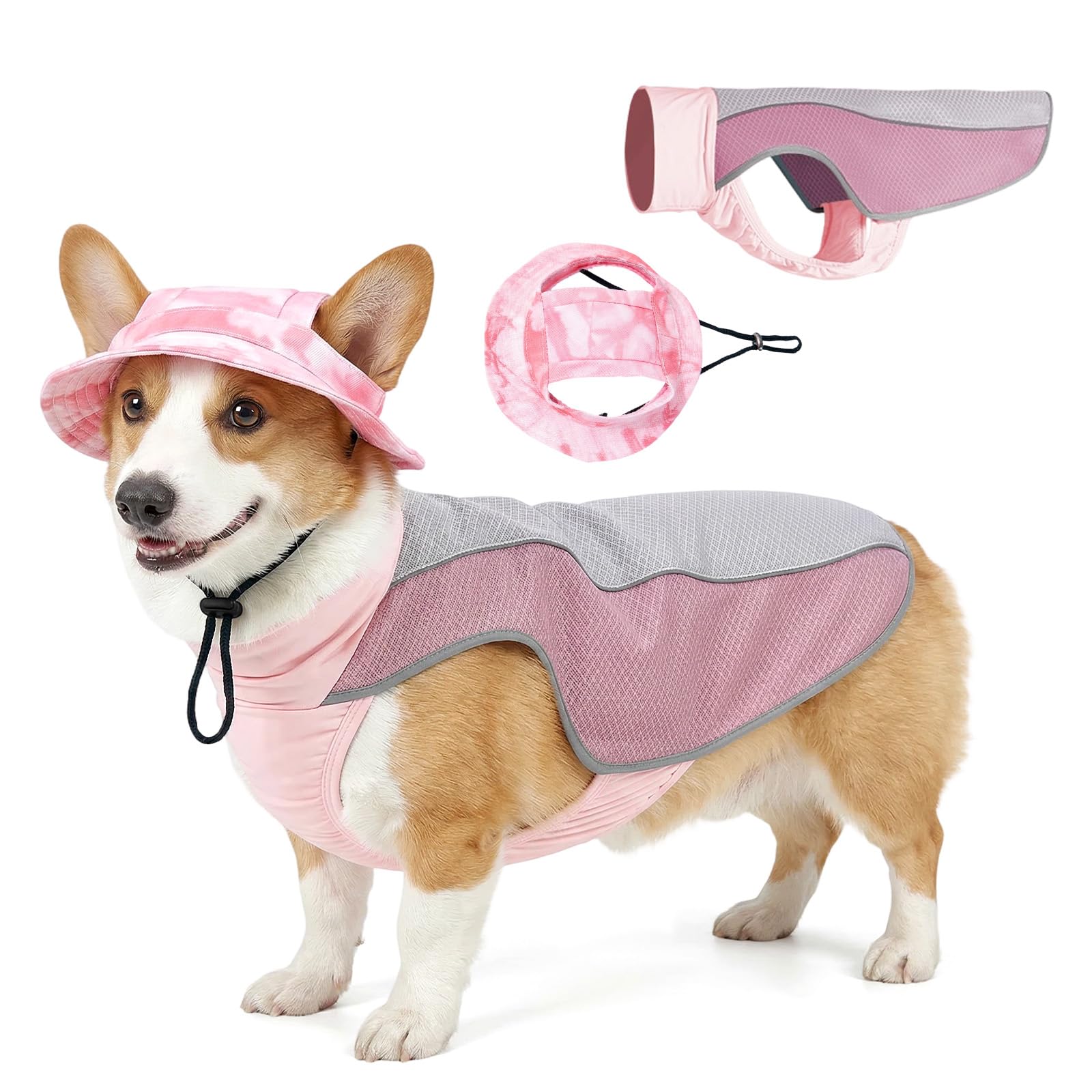 2pcs Dog Cooling Vest, Summer Dog Cooling Jacket with Matching Sun Hat Set, Evaporative Pet Vest, Breathable Mesh Ice Harness for Small Medium Dogs Outdoor Hiking Walking