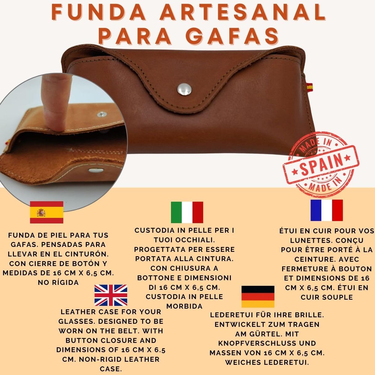 Étui à lunettes à fixer à la ceinture, avec fermeture à bouton, fabriqué à la main en Espagne, avec sac en tissu, 2 chiffons de nettoyage et bouteille pour le nettoyage des lunettes.