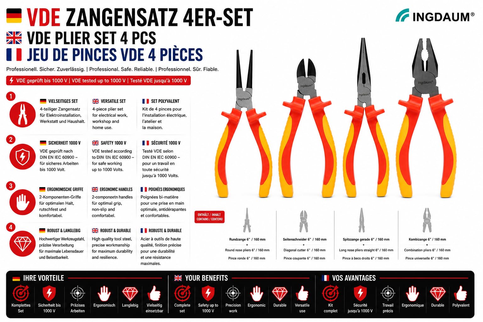 Set INGDAUM® VDE di 4 pinze con tronchese laterale, pinza a becchi mezzotondi curvi, a becchi tondi e universale, ciascuna da 6"/160 mm, isolata contro 1000 V (versione 4.1)