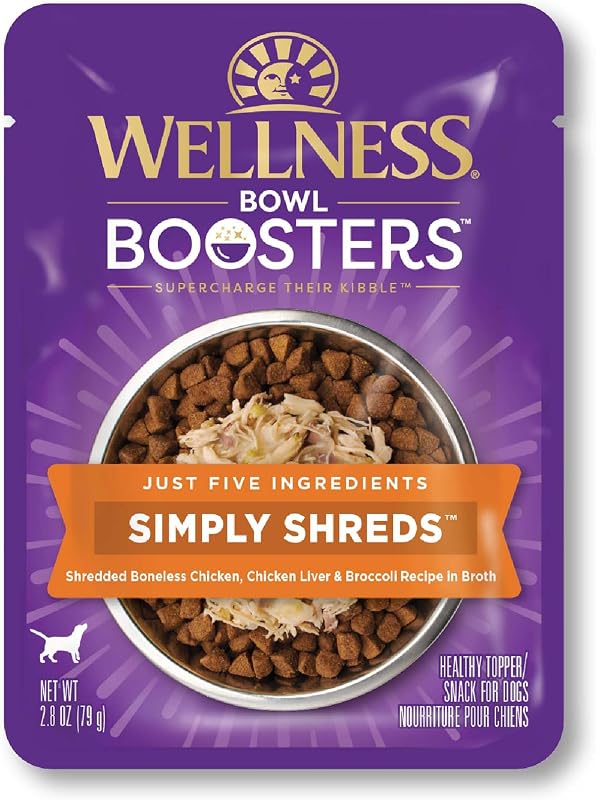 Wellness Bowl Boosters Simply Shreds comida húmeda para perros para razas pequeñas, medianas y grandes, sin granos, natural, receta de hígado de pollo y brócoli, 2.8 oz, paquete de 12 bolsas