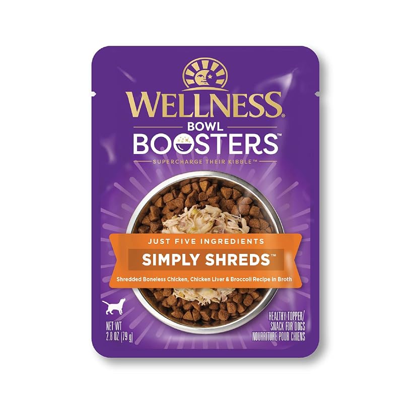 Topper de Ração Úmida para Cães Wellness Bowl Boosters Simply Shreds com Frango, Fígado e Brócolis, Pacote com 12 Sachês de 79 g