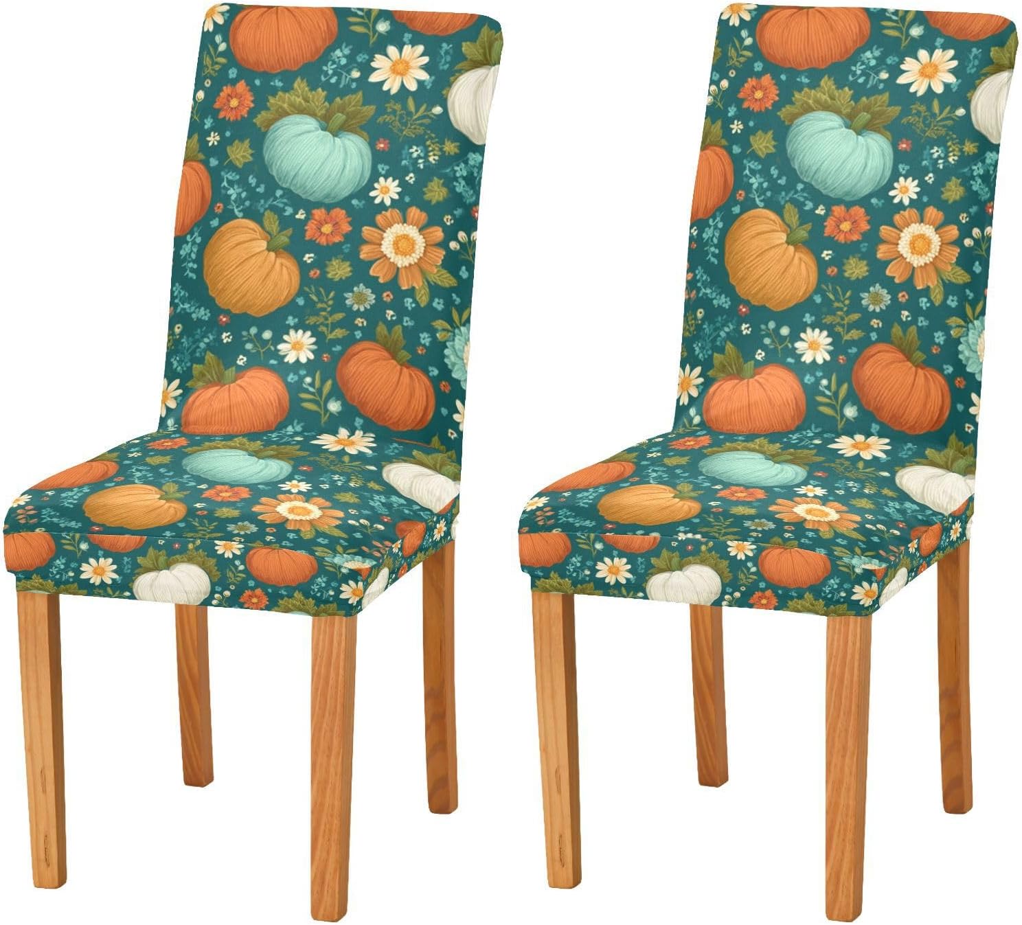 Kcldeci Set of 4 Stretch Removable Washable Short Dining Chair Covers, Autumn Pumpkins Teal Maple Leaves Sunflowers Dining Room Chair Protector Seat Slipcover for Hotel,Banquet,Wedding,Party