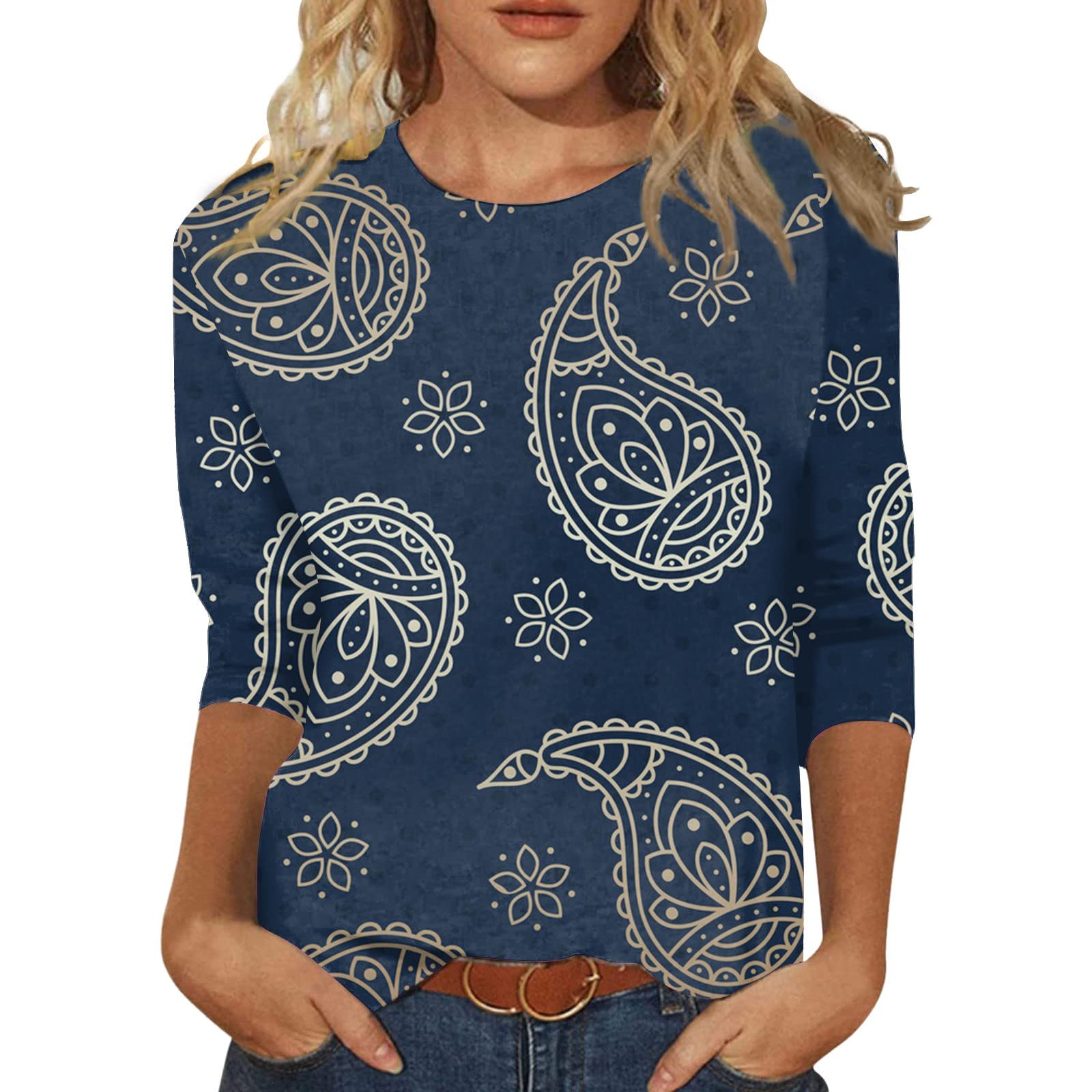 3/4 Length Sleeve Womens Tops Round Neck Printed Blouses Dressy Three Quarter Sleeve T Shirt Trendy Basic Tees