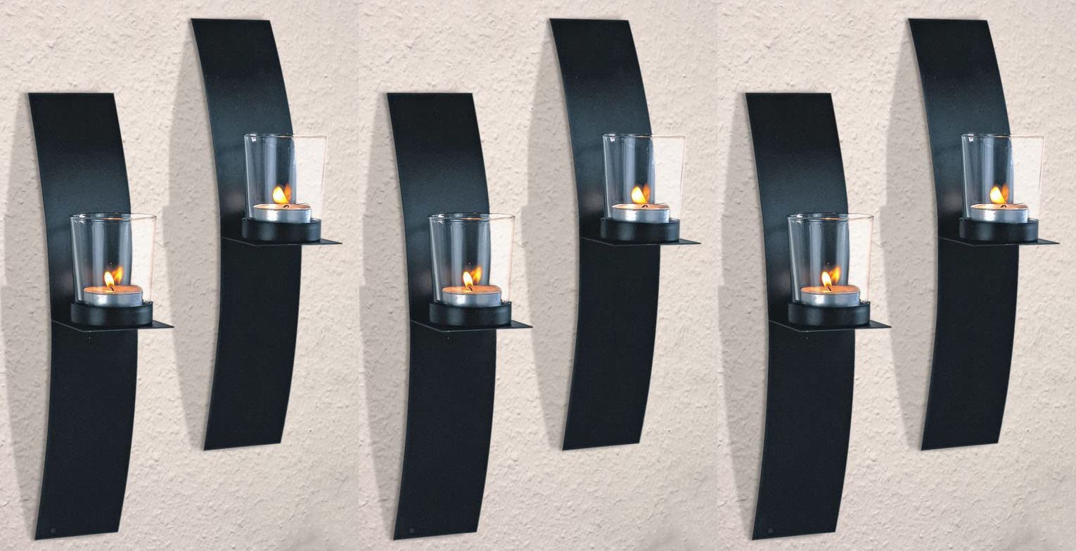 Novaliv 6X Wandkerzenhalter aus Metall mit Glas 29 x 10 x 6 cm Schwarz Kerzenhalter Teelichterhalter Wohnzimmer Dekoration Wanddeko Kerzen Vintage Deko Teelicht Wandhalter